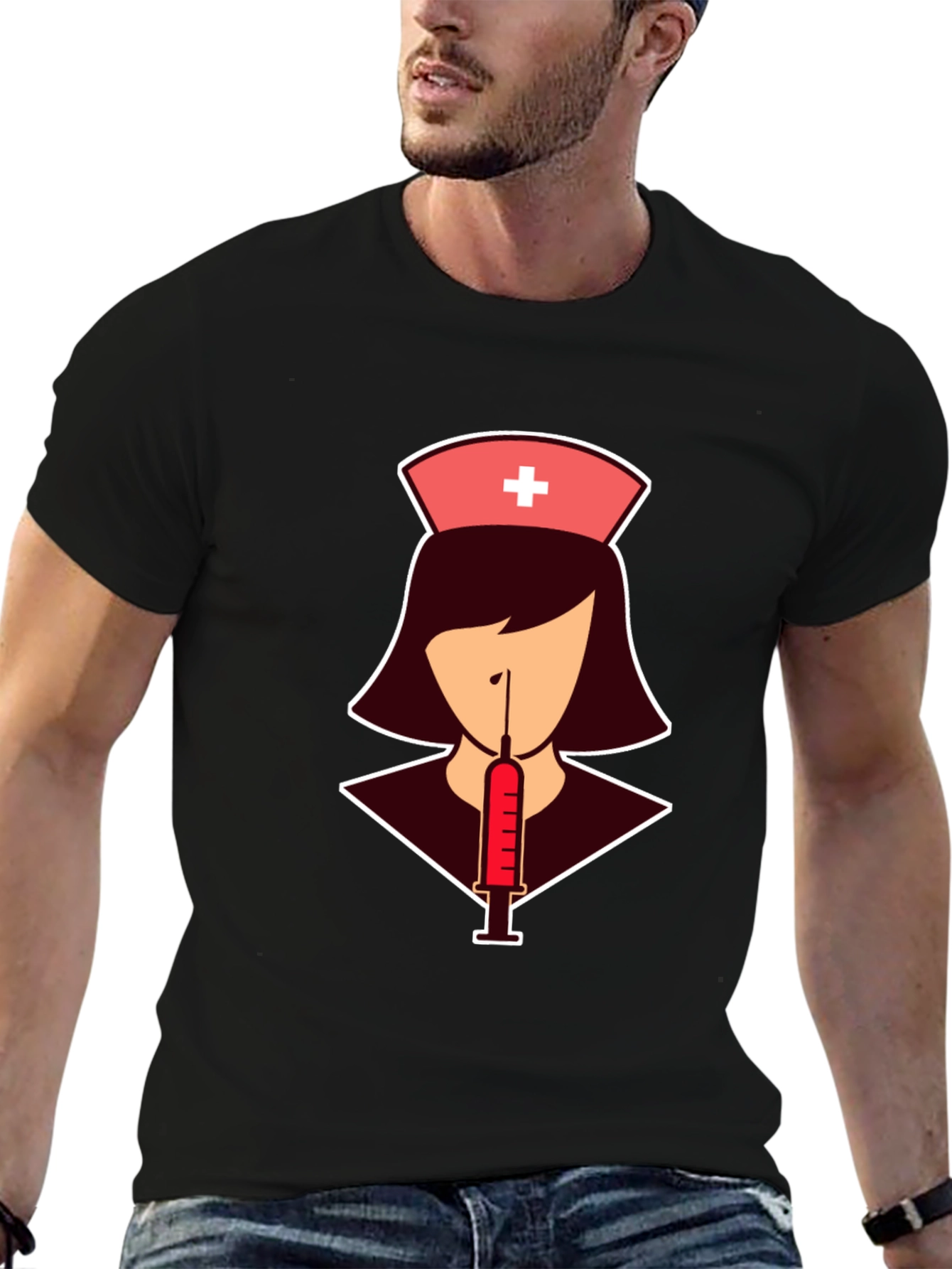 Black Nurse Syringe T-Shirt: Stylish Graphic Tee view 6