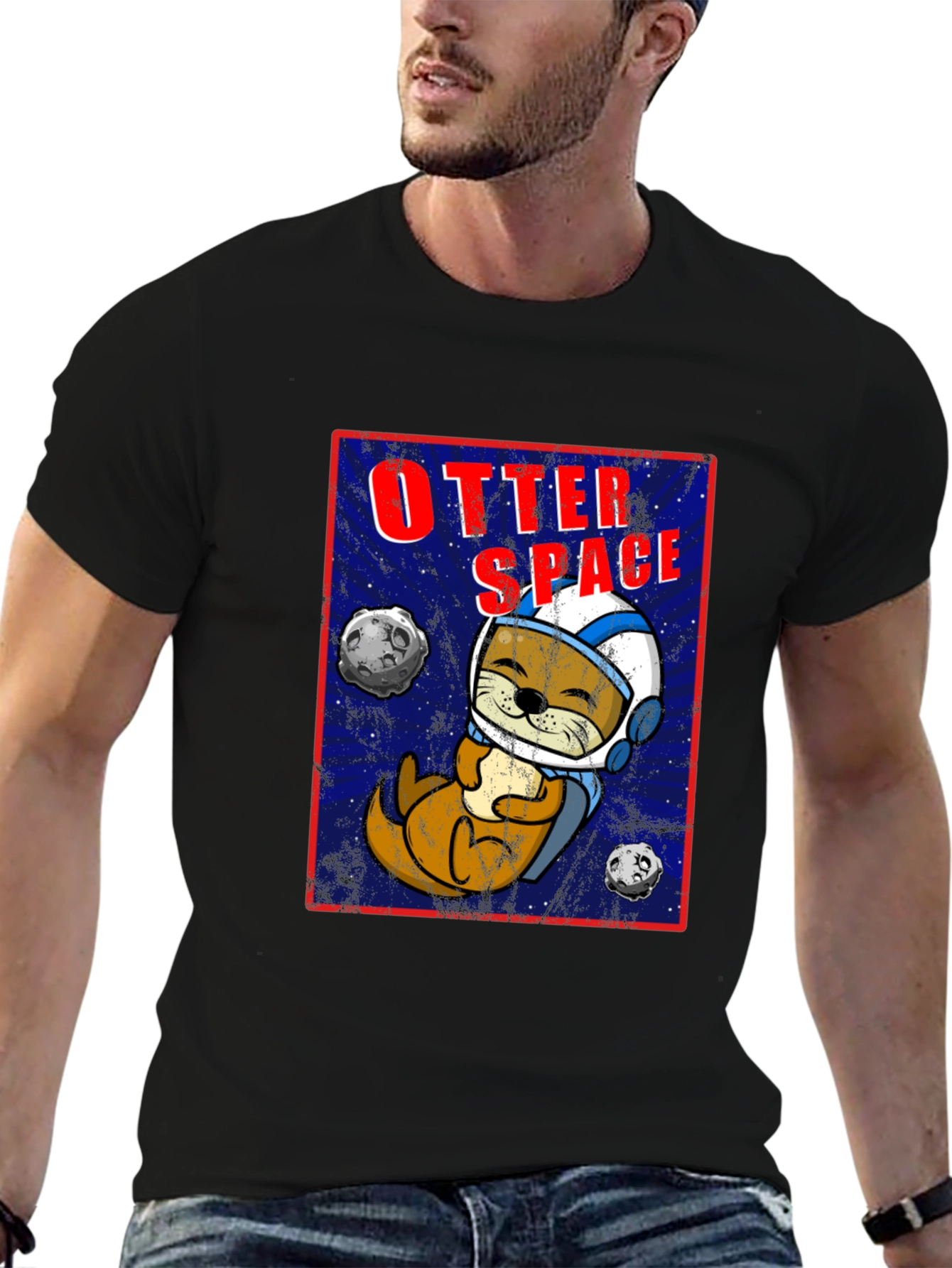 Black Otter Space Graphic T-Shirt - Funny Animal Tee view 6