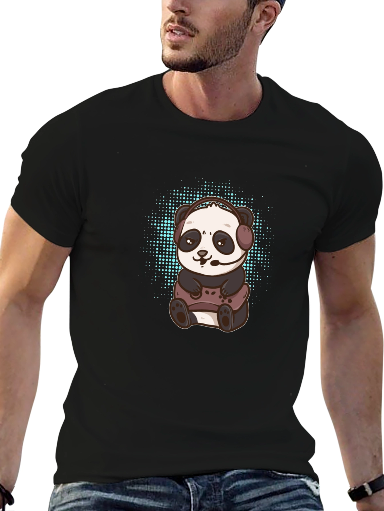 Black Gamer Panda Graphic Tee - Black Cotton T-Shirt view 6