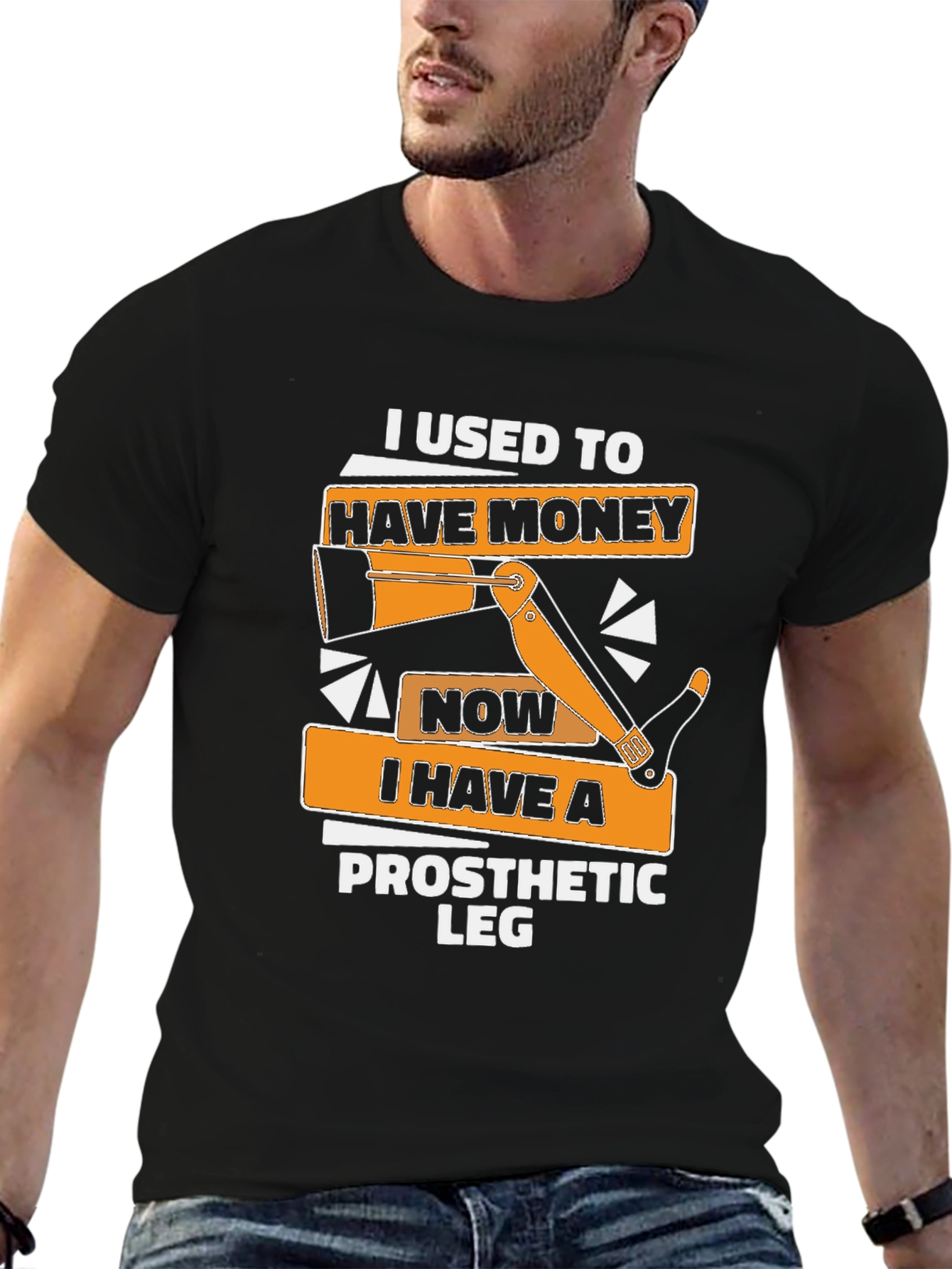 Black Funny Prosthetic Leg T-Shirt: "I Used to Have Money" view 6