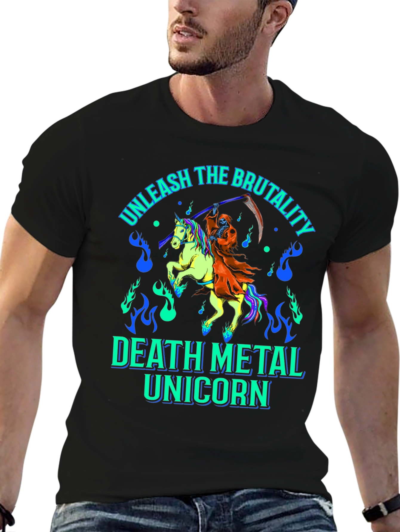 Black Unleash The Brutality Death Metal Unicorn Graphic Tee view 6