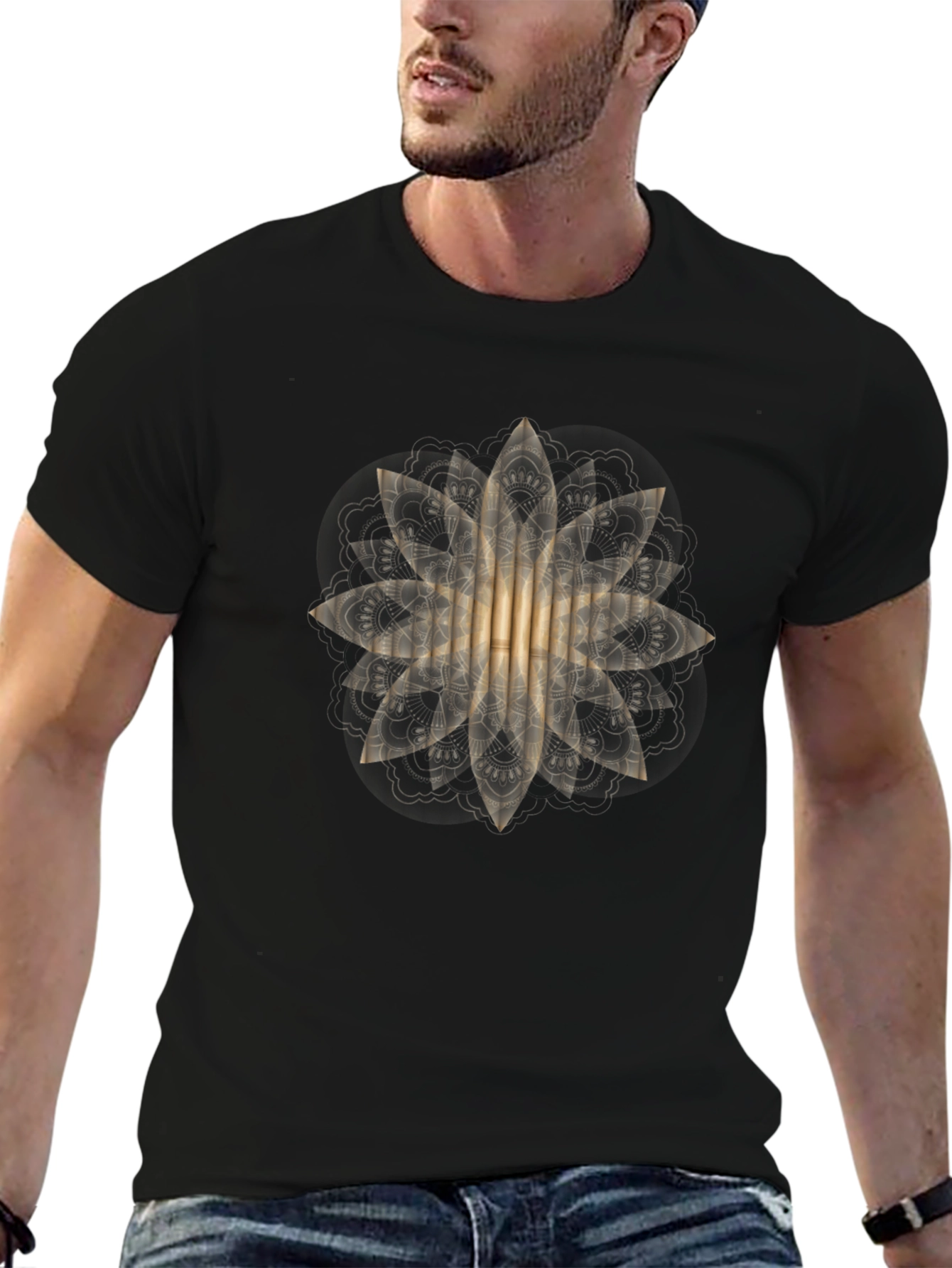 Black Golden Mandala Graphic Black T-Shirt view 6