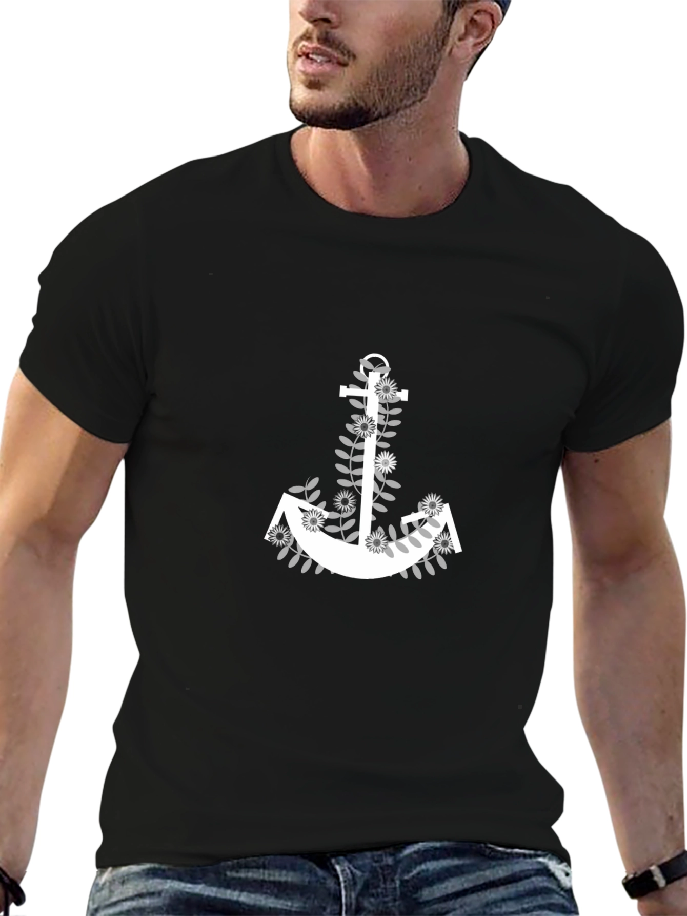 Black Floral Anchor Graphic Tee - Stylish Black T-Shirt view 6