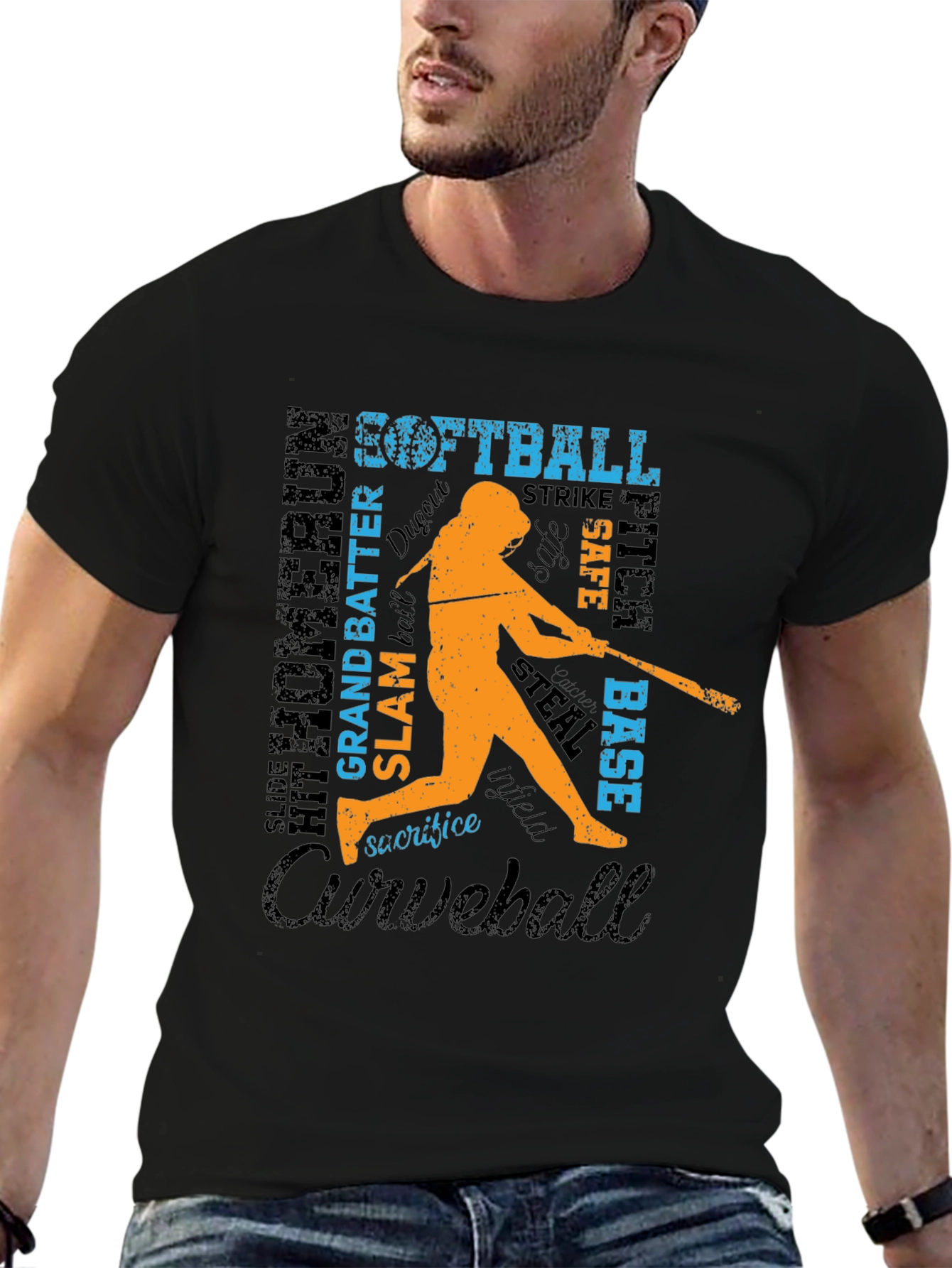 Black Softball Word Art Graphic T-Shirt view 6