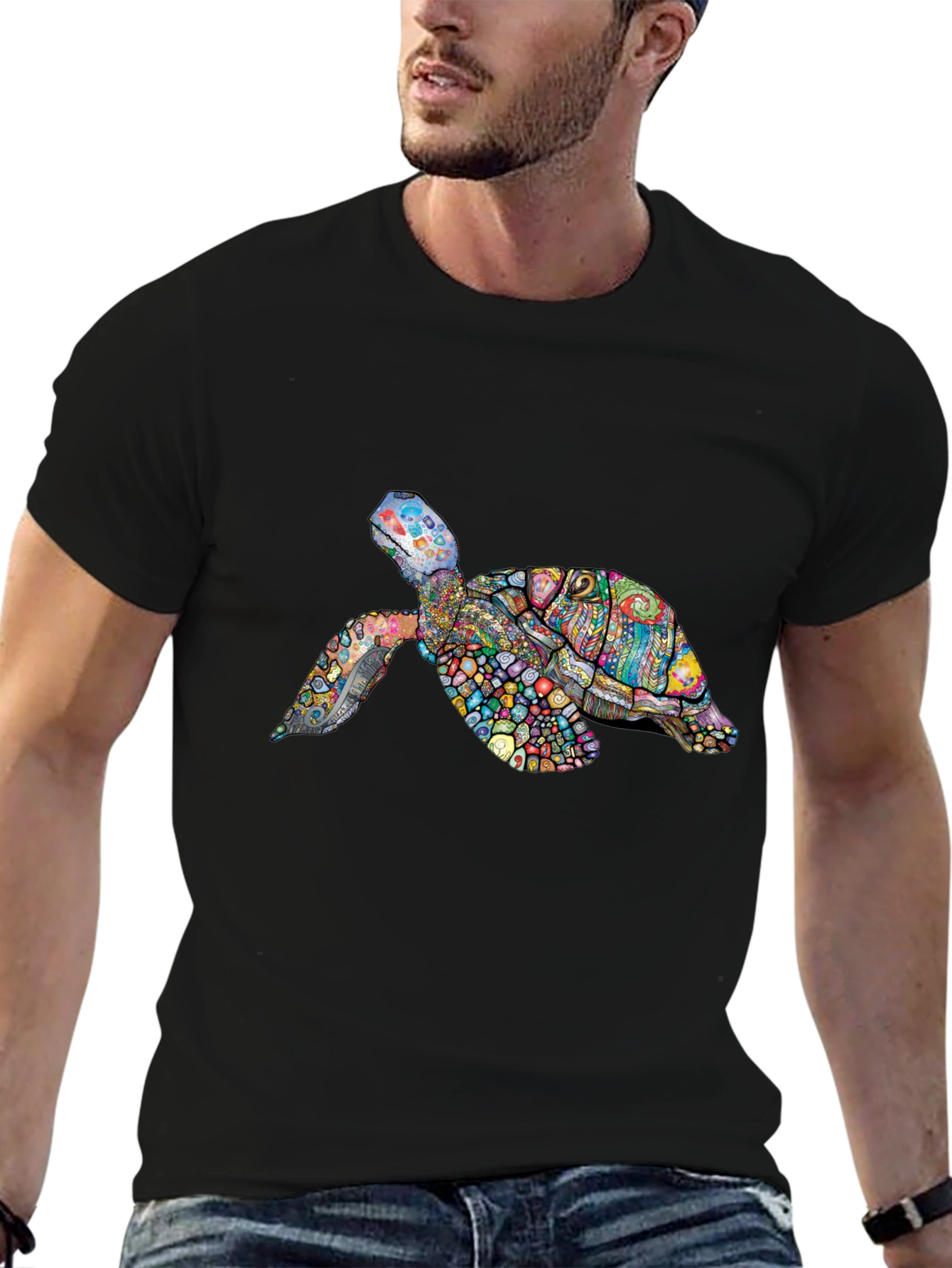 Black Vibrant Turtle Graphic Tee - Black Cotton T-Shirt view 6