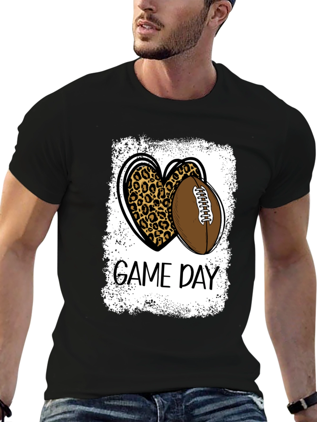 Black Game Day Leopard Heart Football T-Shirt view 6