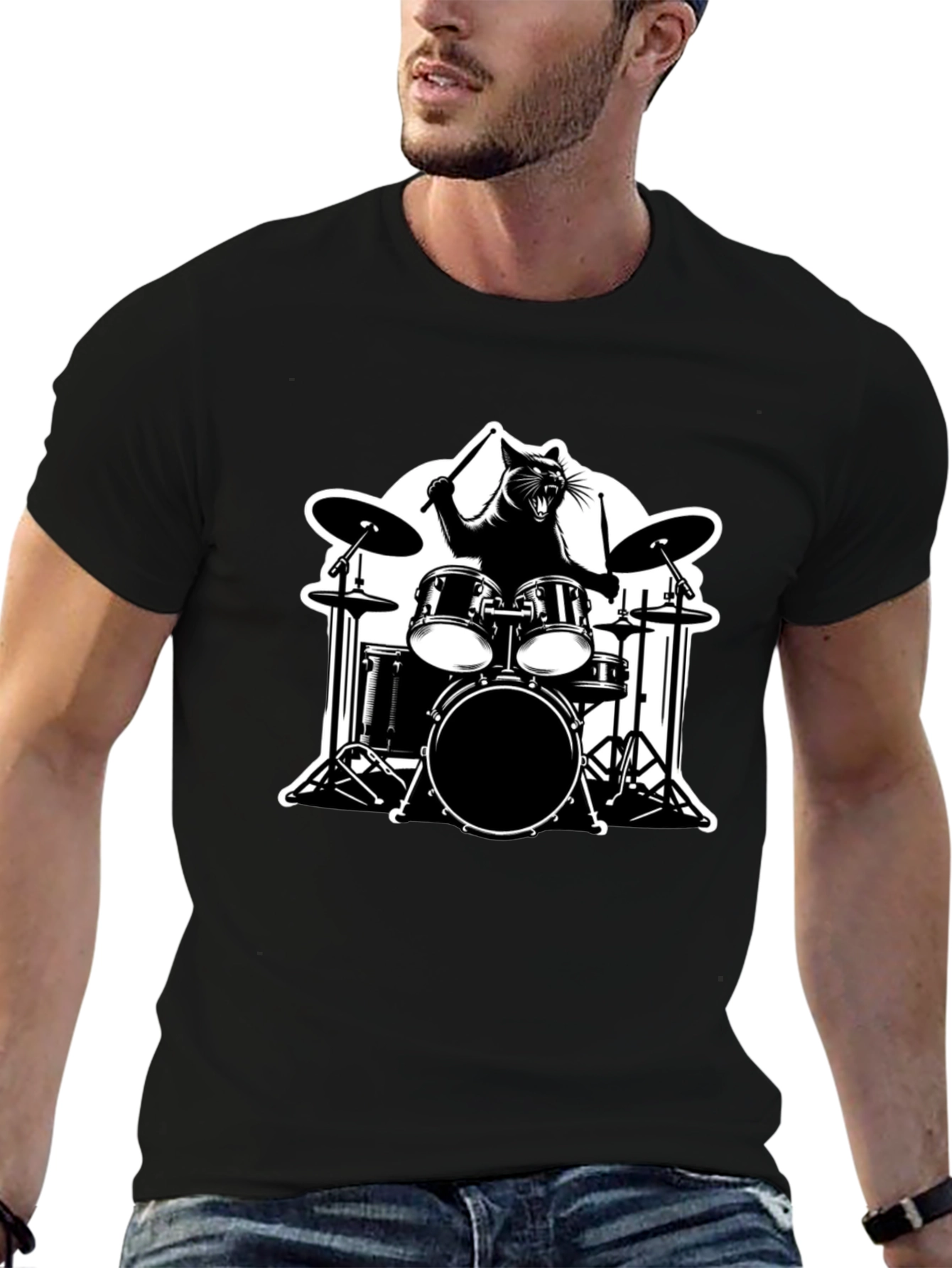 Black Cat Drummer Graphic T-Shirt view 6