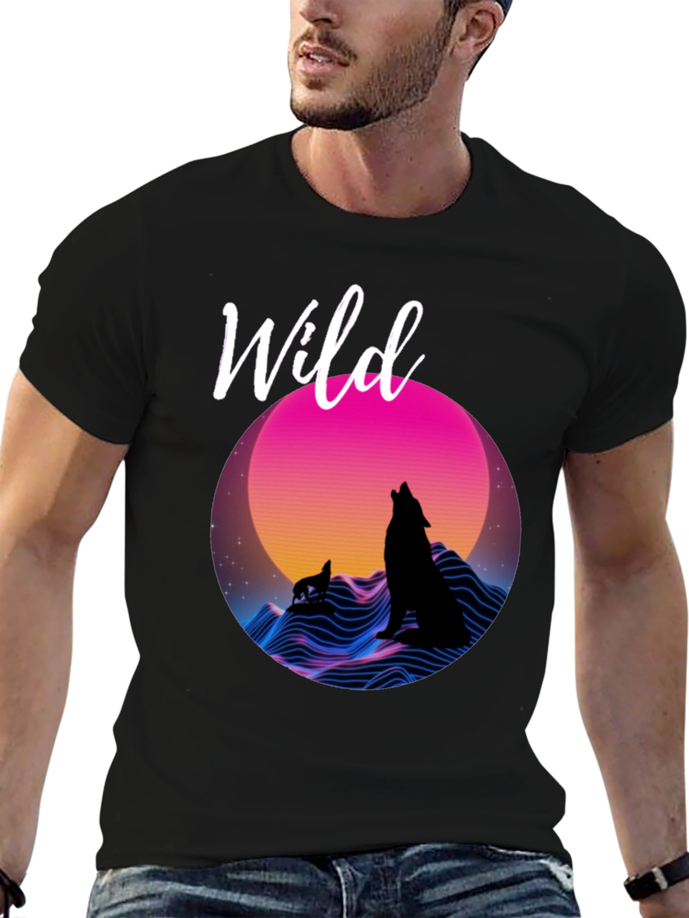 Black Wild Graphic T-Shirt - Retro Wolf Design view 6