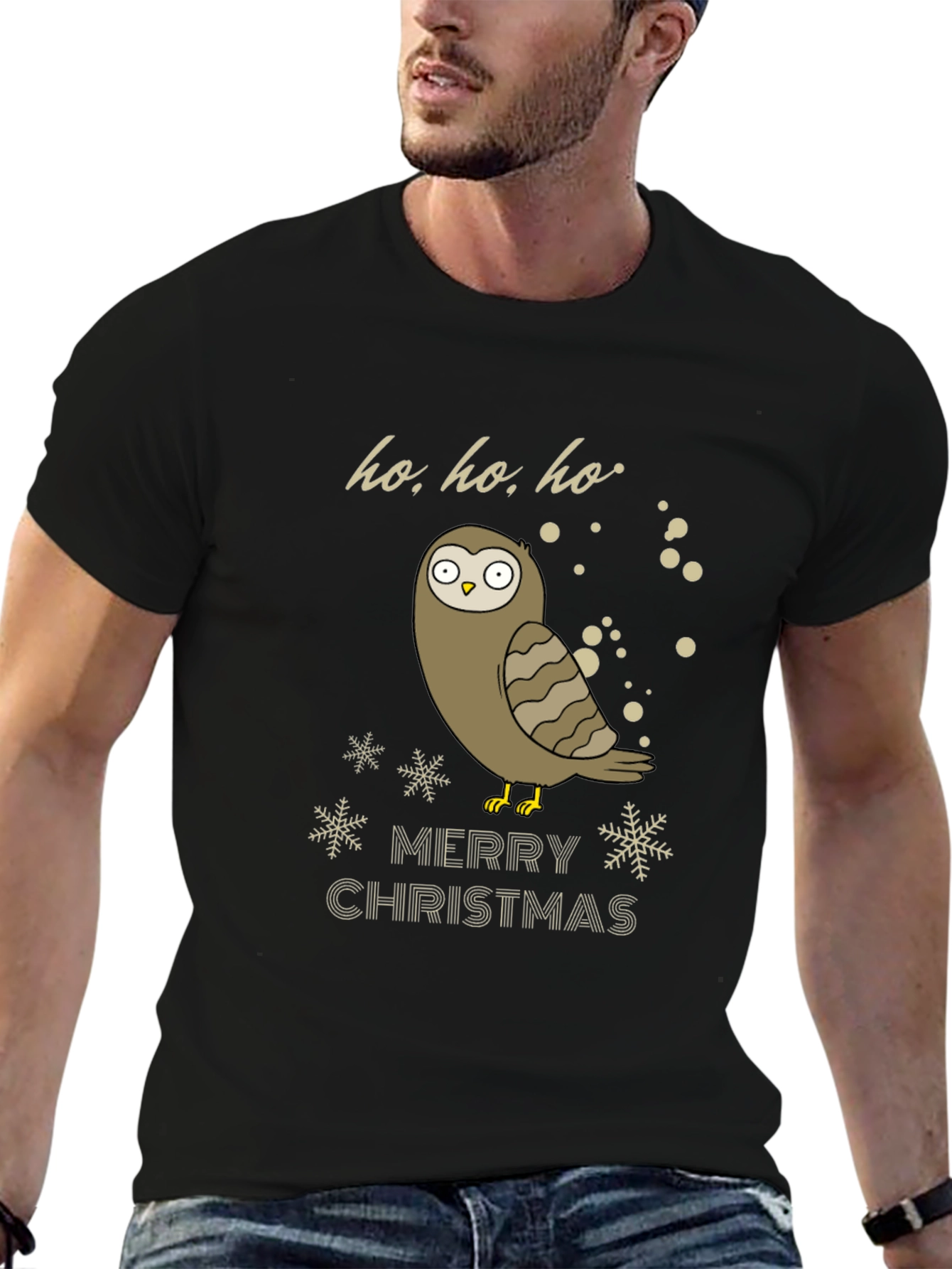 Black Owl Merry Christmas Graphic T-Shirt - Holiday Tee view 6