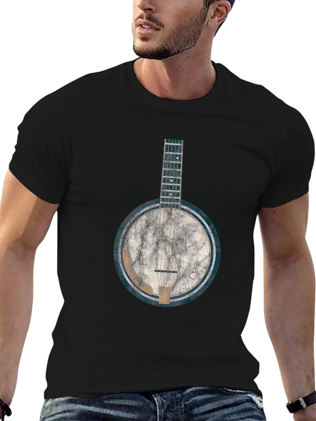 Black Vintage Banjo Graphic Tee - Black Cotton Blend T-Shirt view 6