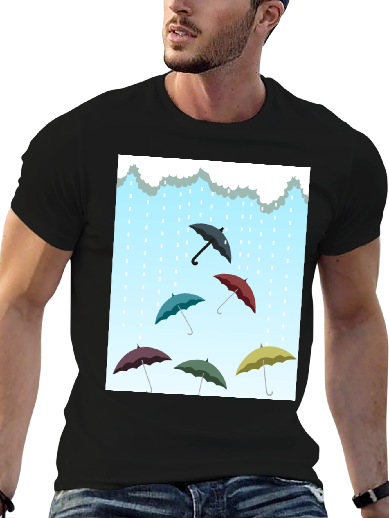 Black Umbrella Rain T-Shirt, Stylish Weather Tee view 6