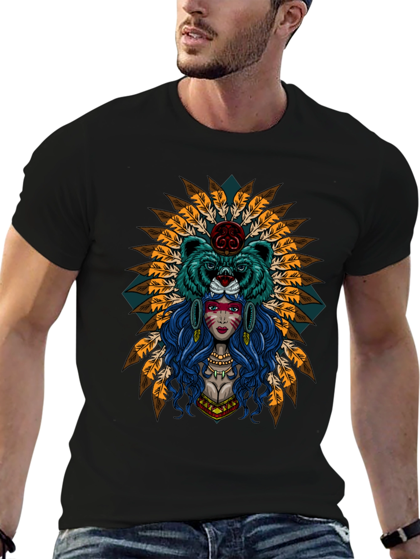 Black Native American Bear Spirit T-Shirt view 6