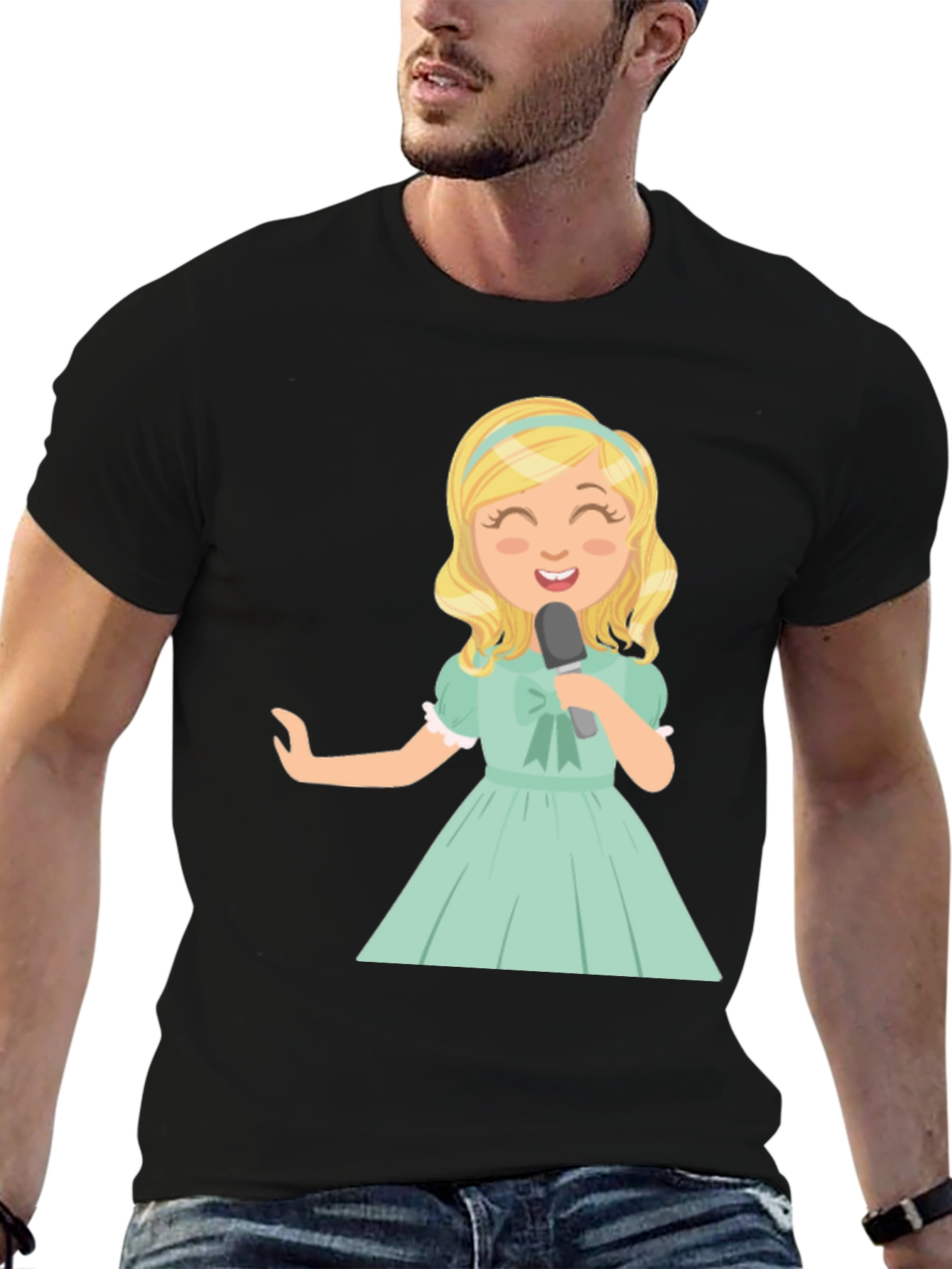 Black Singer Girl Graphic T-Shirt, Black Cotton Tee view 6