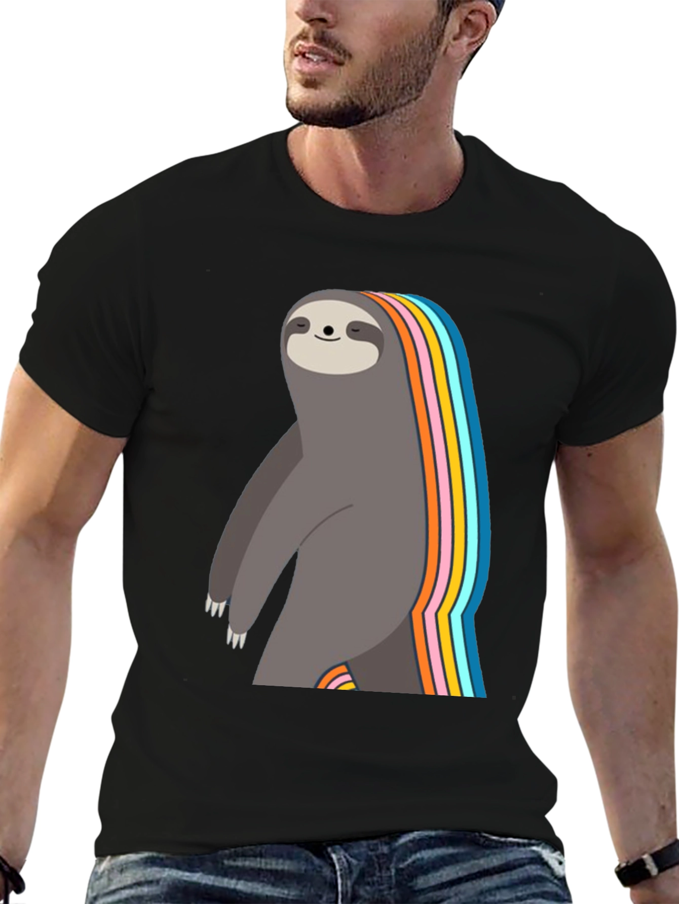 Black Rainbow Sloth Graphic T-Shirt - Men's Black Tee view 6