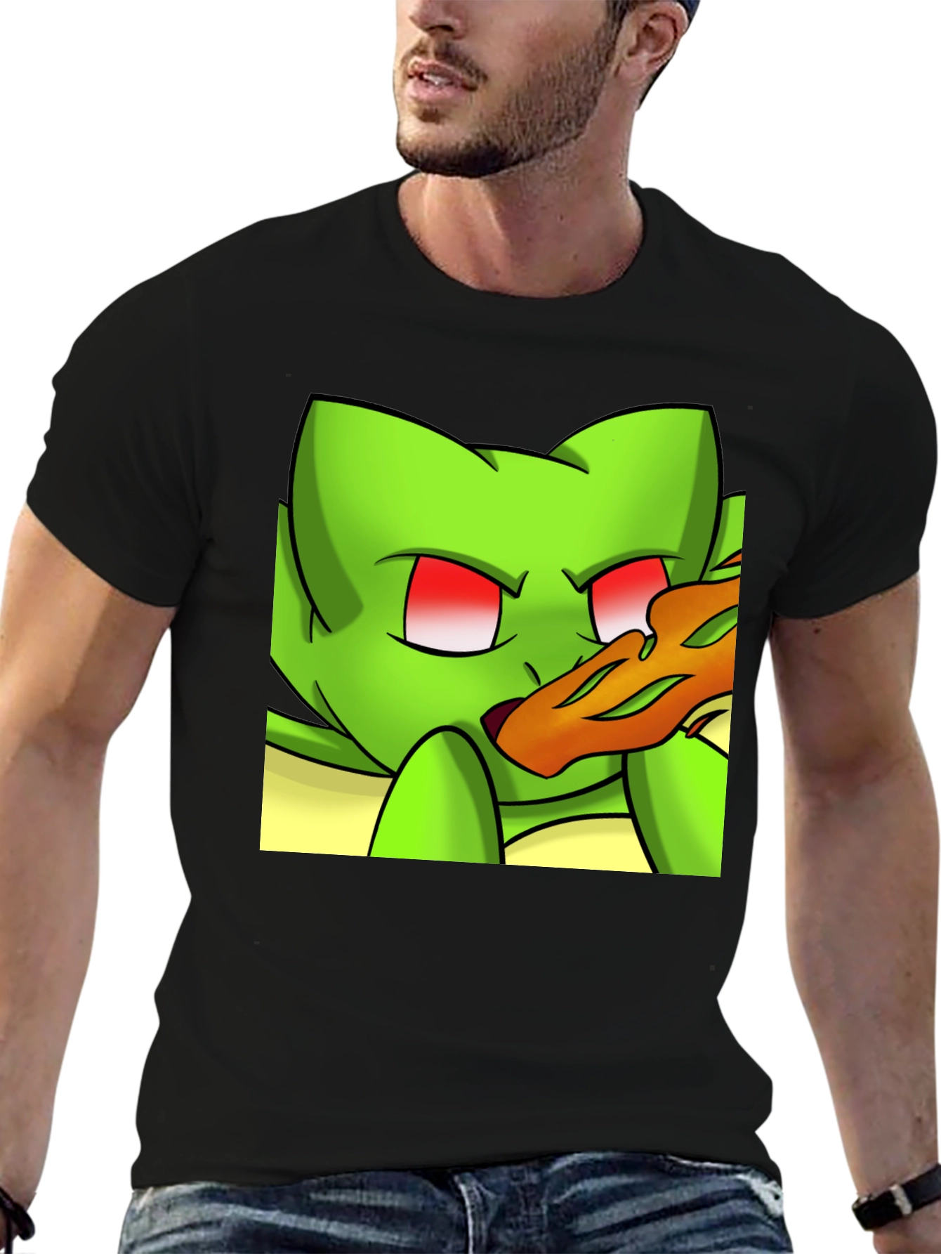Black Cartoon Green Cat Pizza Graphic Black Tee view 6
