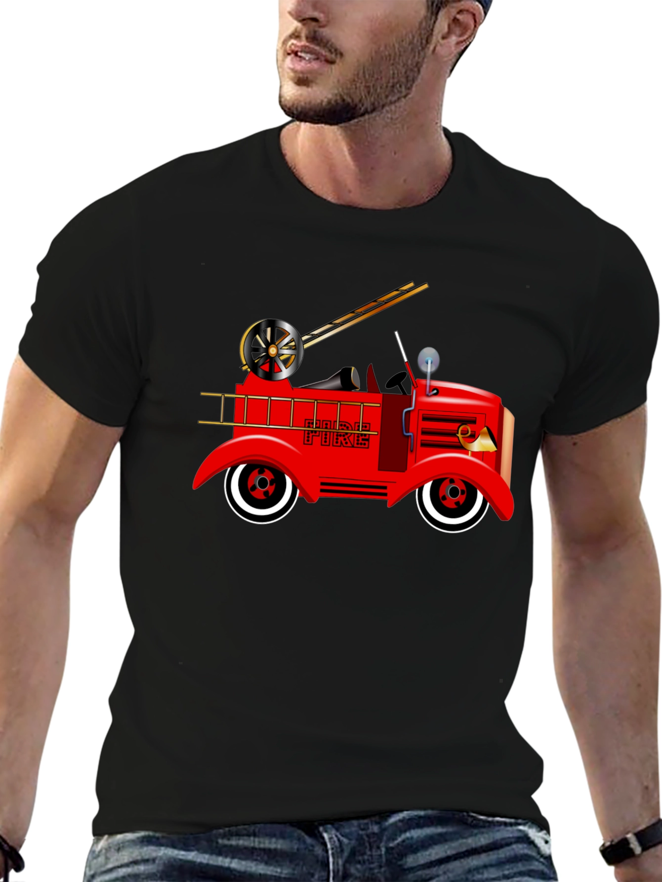 Black Vintage Fire Truck Graphic T-Shirt view 6