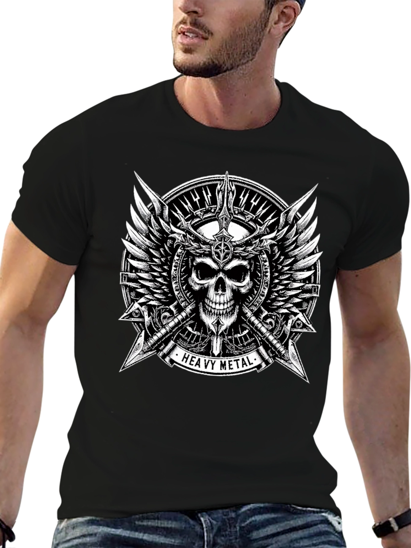 Black Heavy Metal Skull & Wings Black T-Shirt view 6