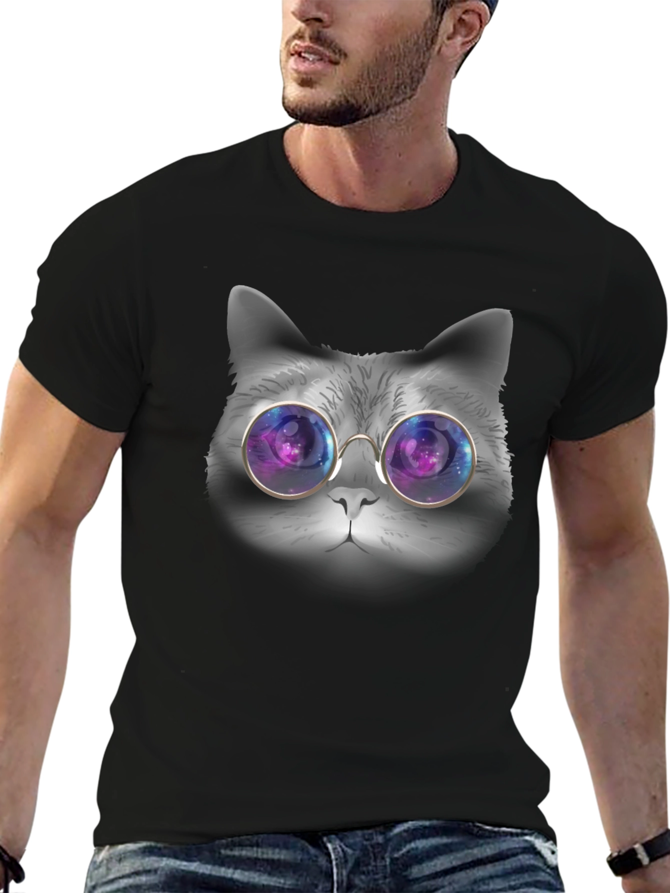 Black Cat with Galaxy Glasses T-Shirt view 6