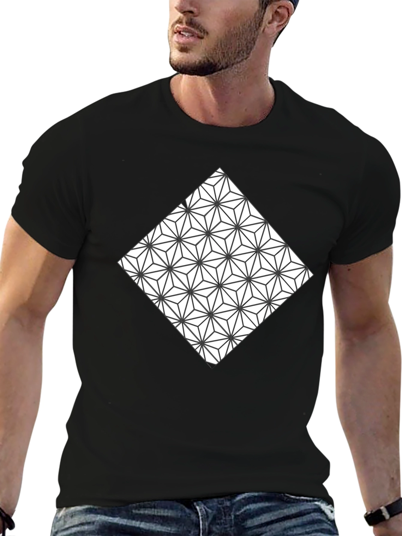 Black Geometric Triangle Pattern Black T-Shirt view 6