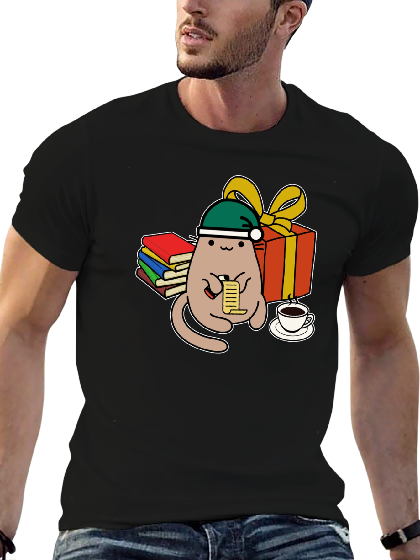 Black Festive Cat Reading Christmas List T-Shirt view 6