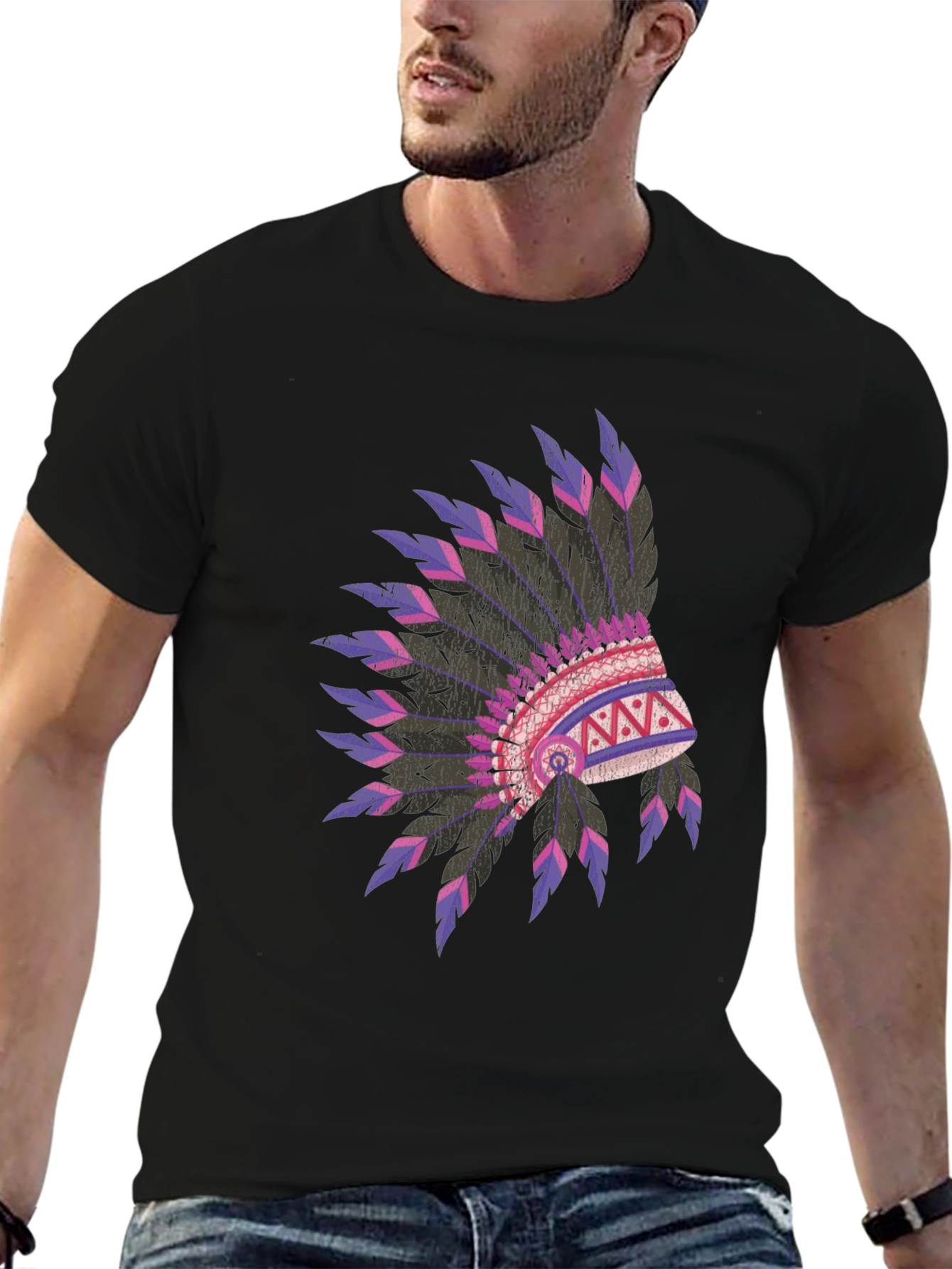 Black Native American Headdress Graphic Black T-Shirt view 6