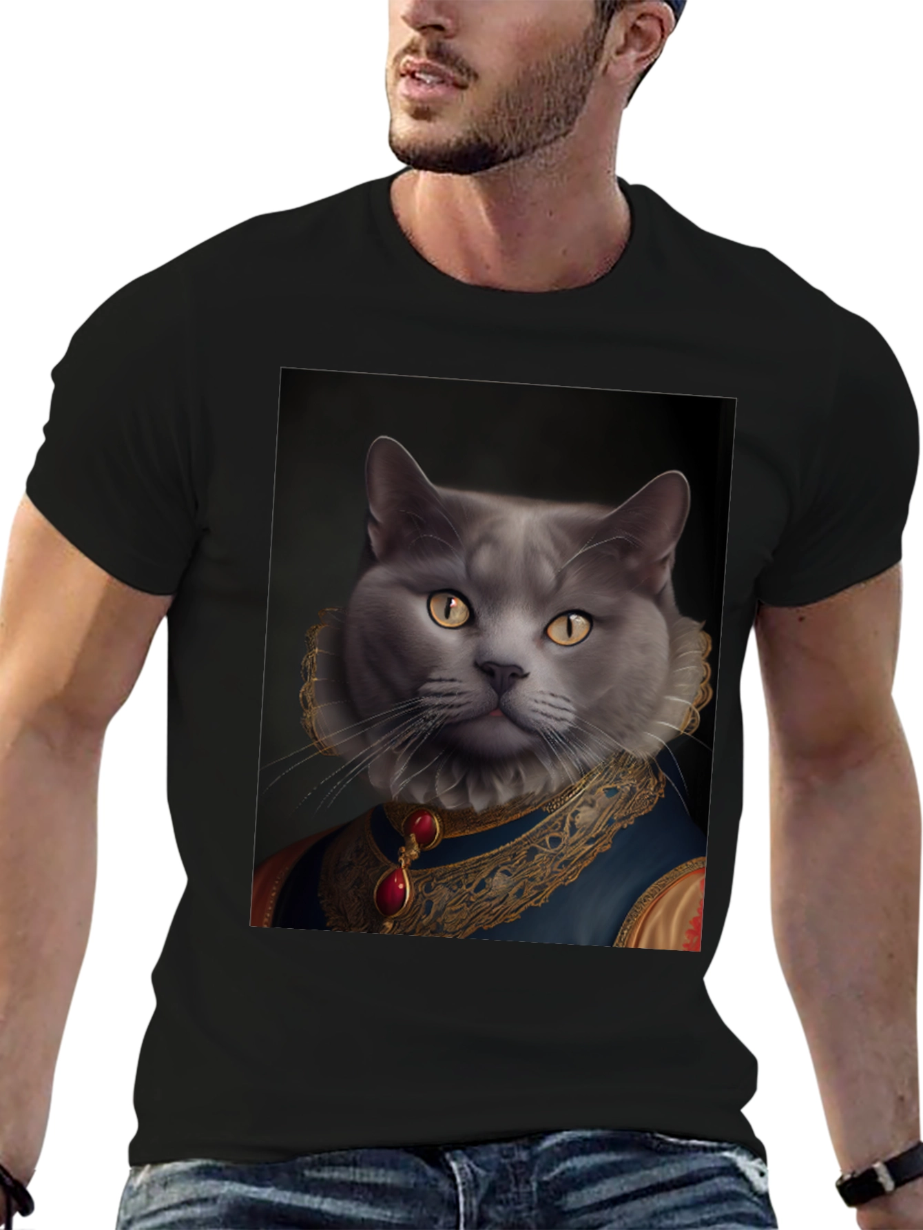 Black Royal Cat Portrait T-Shirt - Unique Novelty Tee view 6