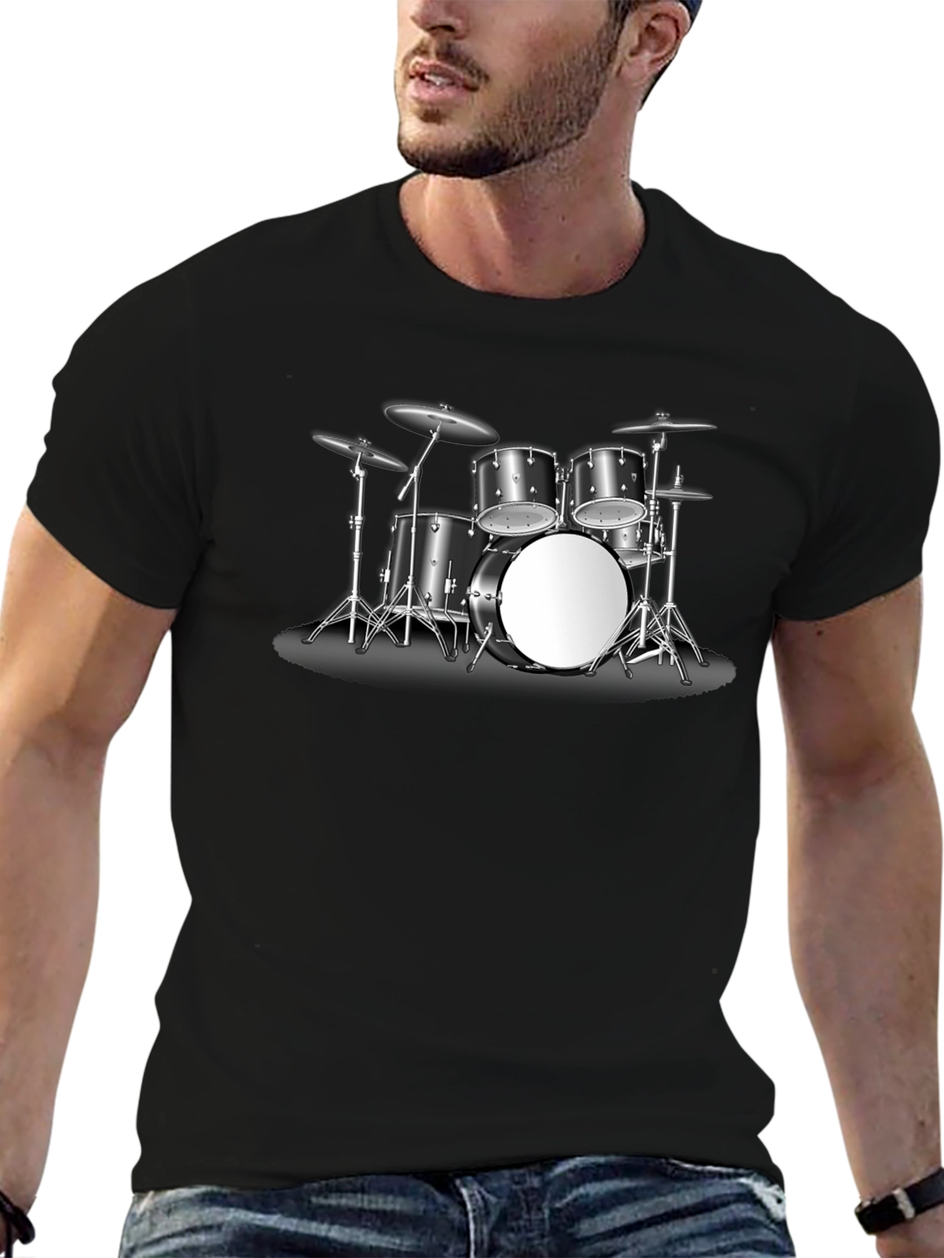 Black Drum Kit Graphic Tee - Music Lover's Black T-Shirt view 6