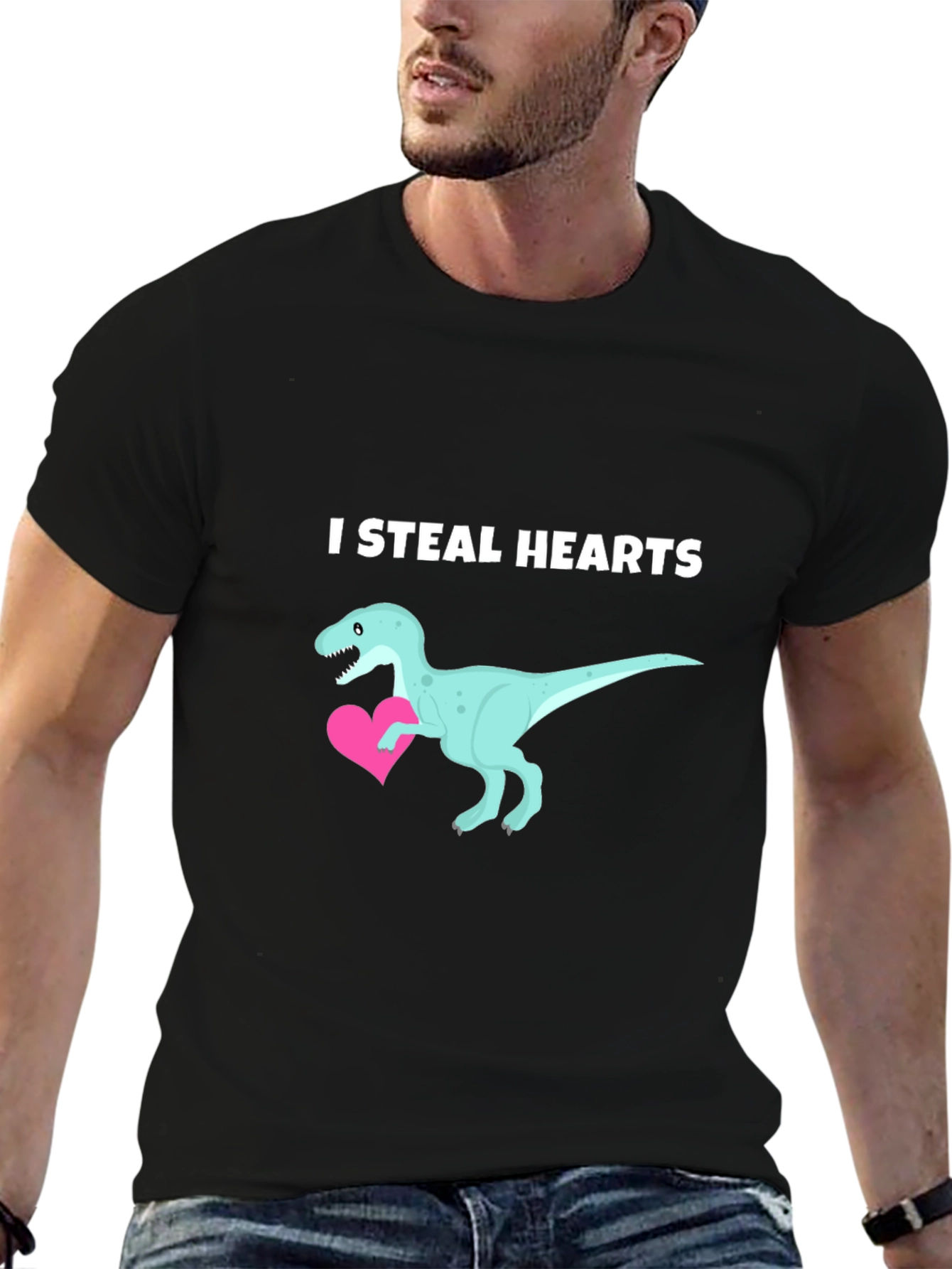 Black I Steal Hearts Dinosaur Valentine's Day T-Shirt view 6
