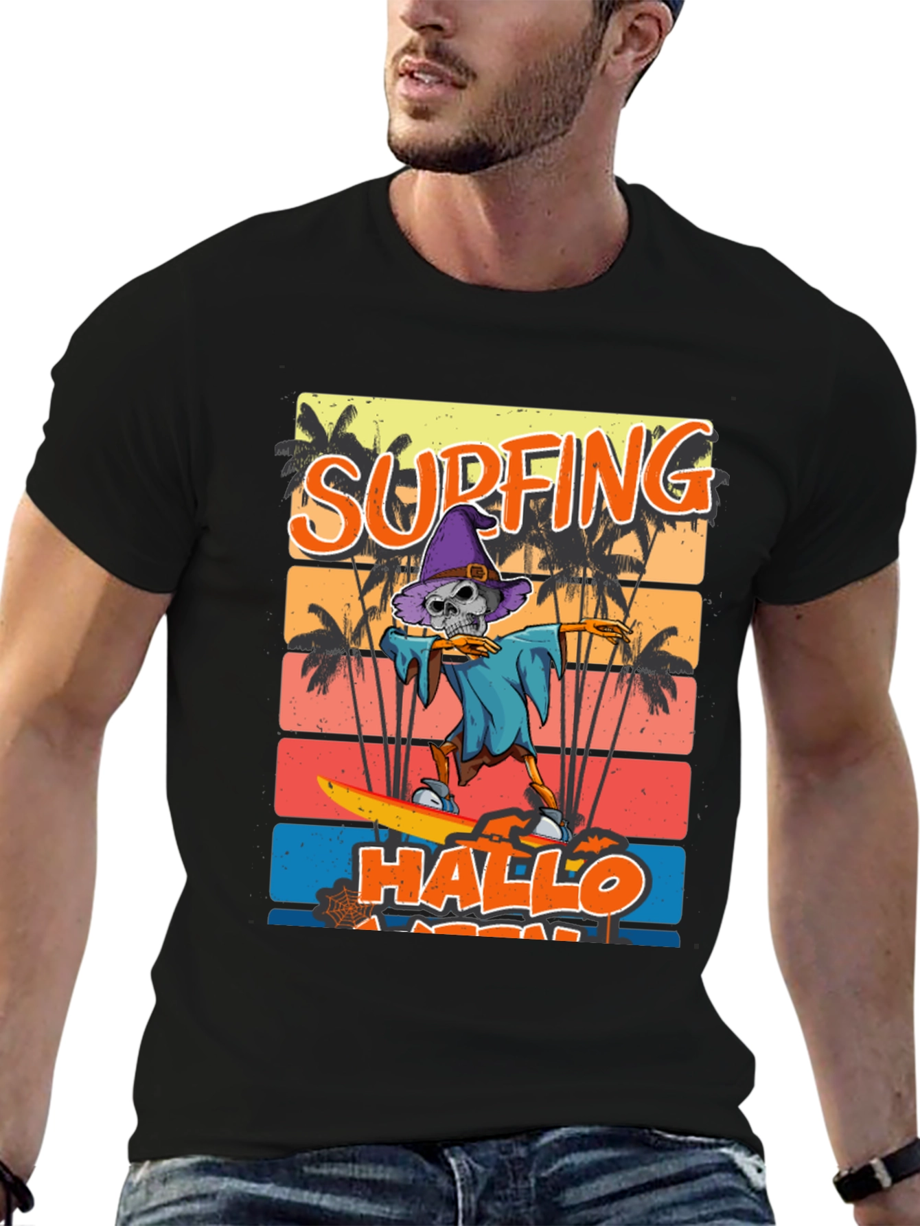 Black Surfing Hallo-ween Skeleton T-Shirt view 6