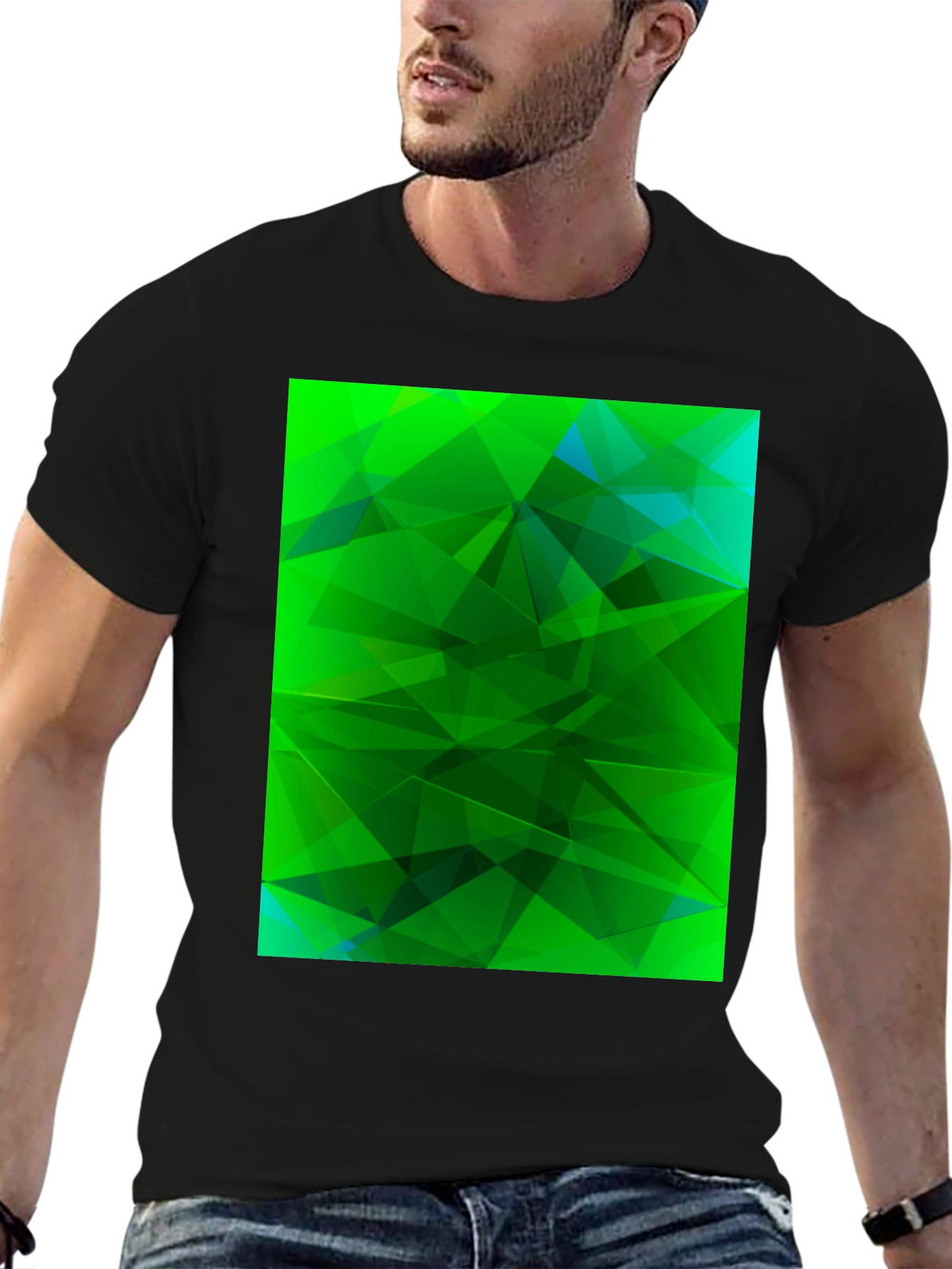 Black Abstract Geometric Green T-Shirt view 6
