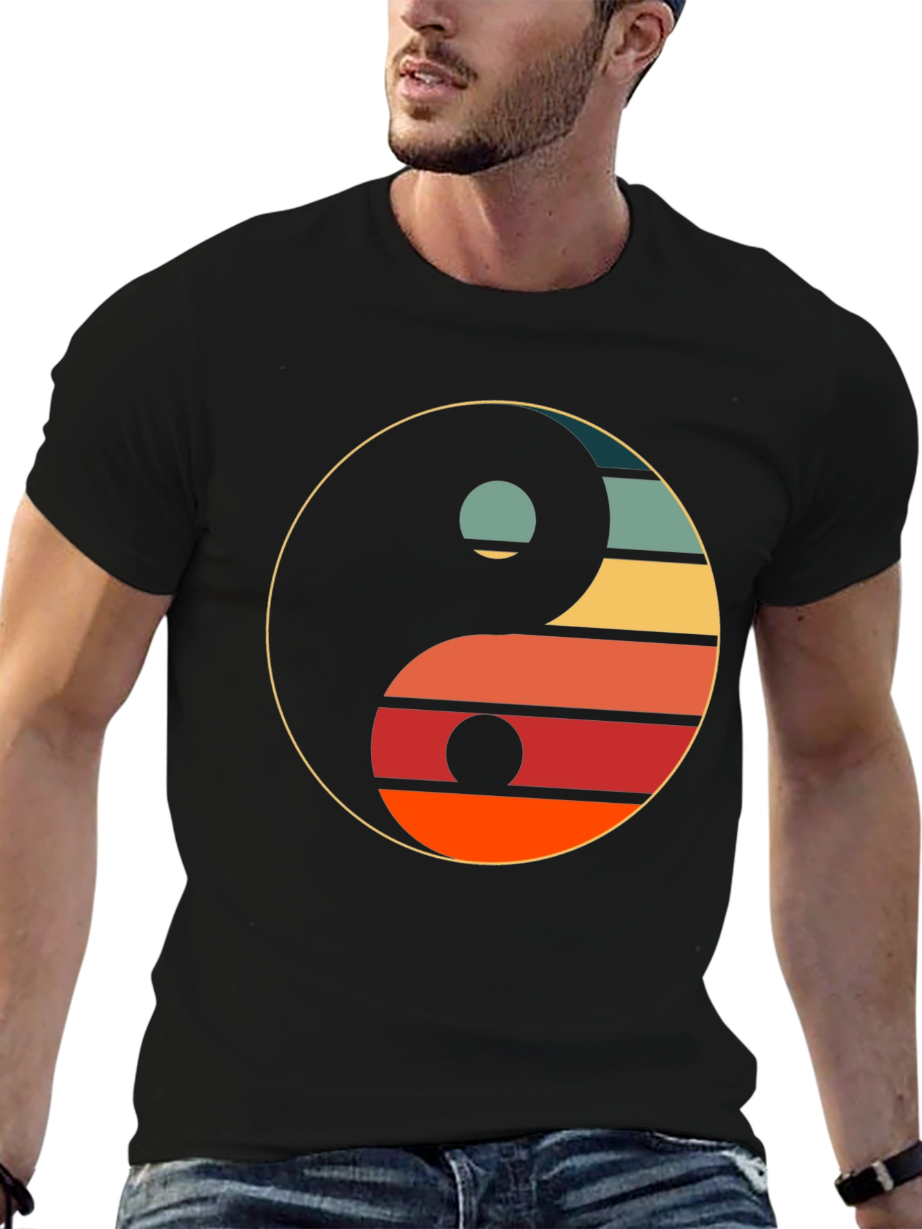 Black Yin Yang Retro Graphic Tee - Unisex Black T-Shirt view 6