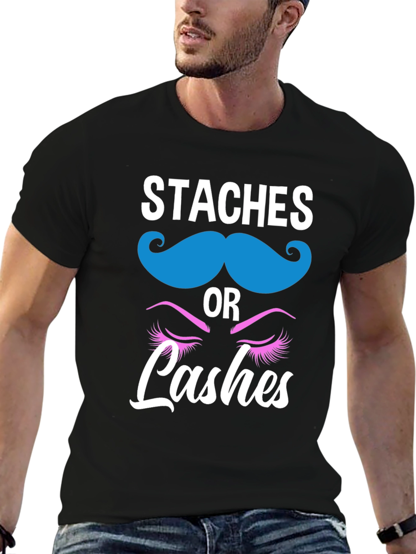 Black Staches or Lashes Gender Reveal T-Shirt view 6
