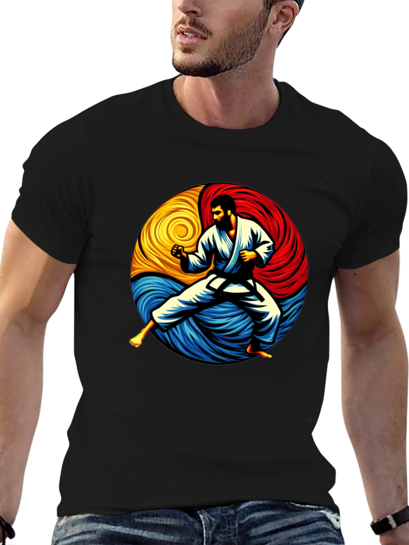Black Karate Yin Yang Graphic Tee - Black Cotton Shirt view 6