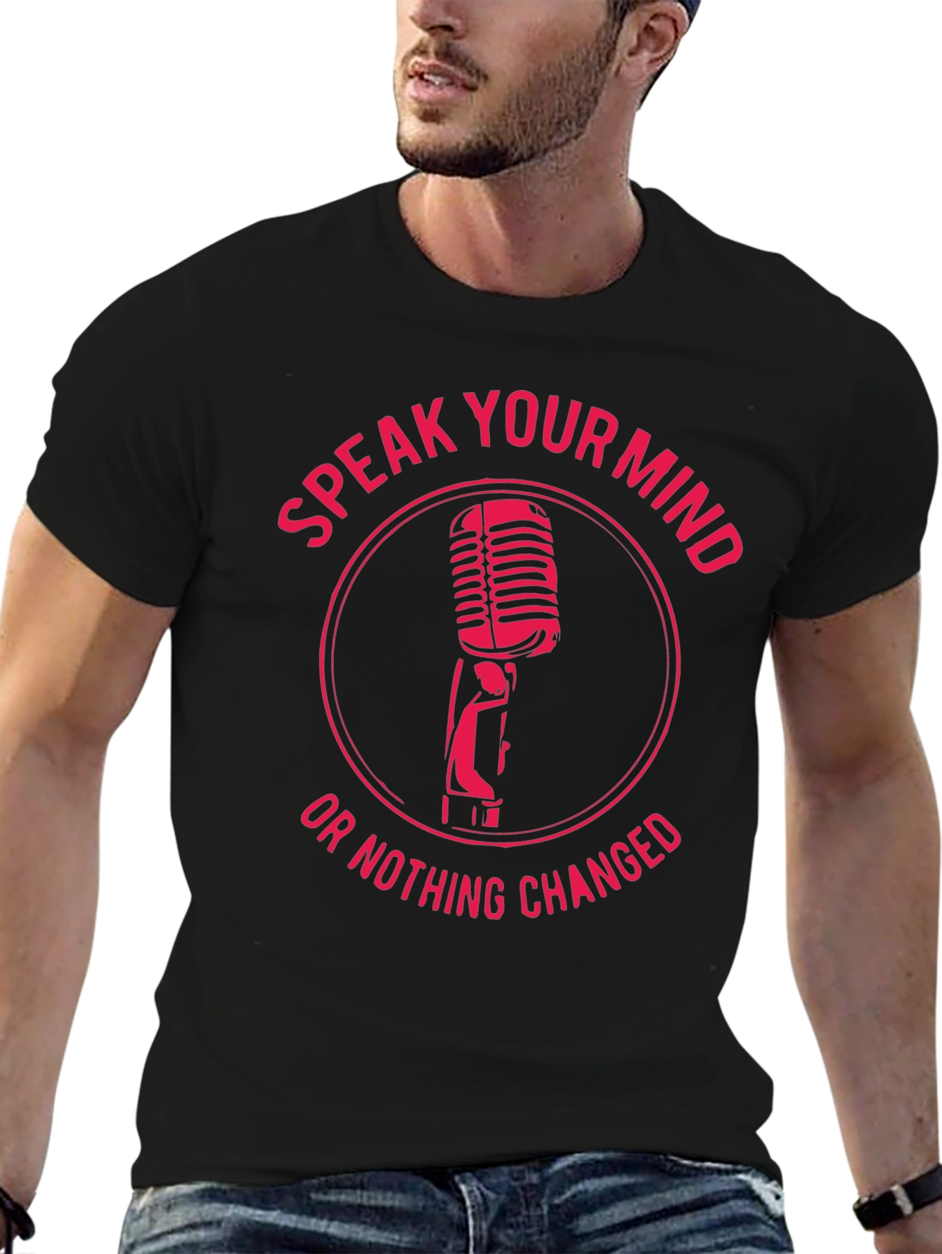 Black Speak Your Mind Tee - Retro Microphone Graphic T-Shirt view 6