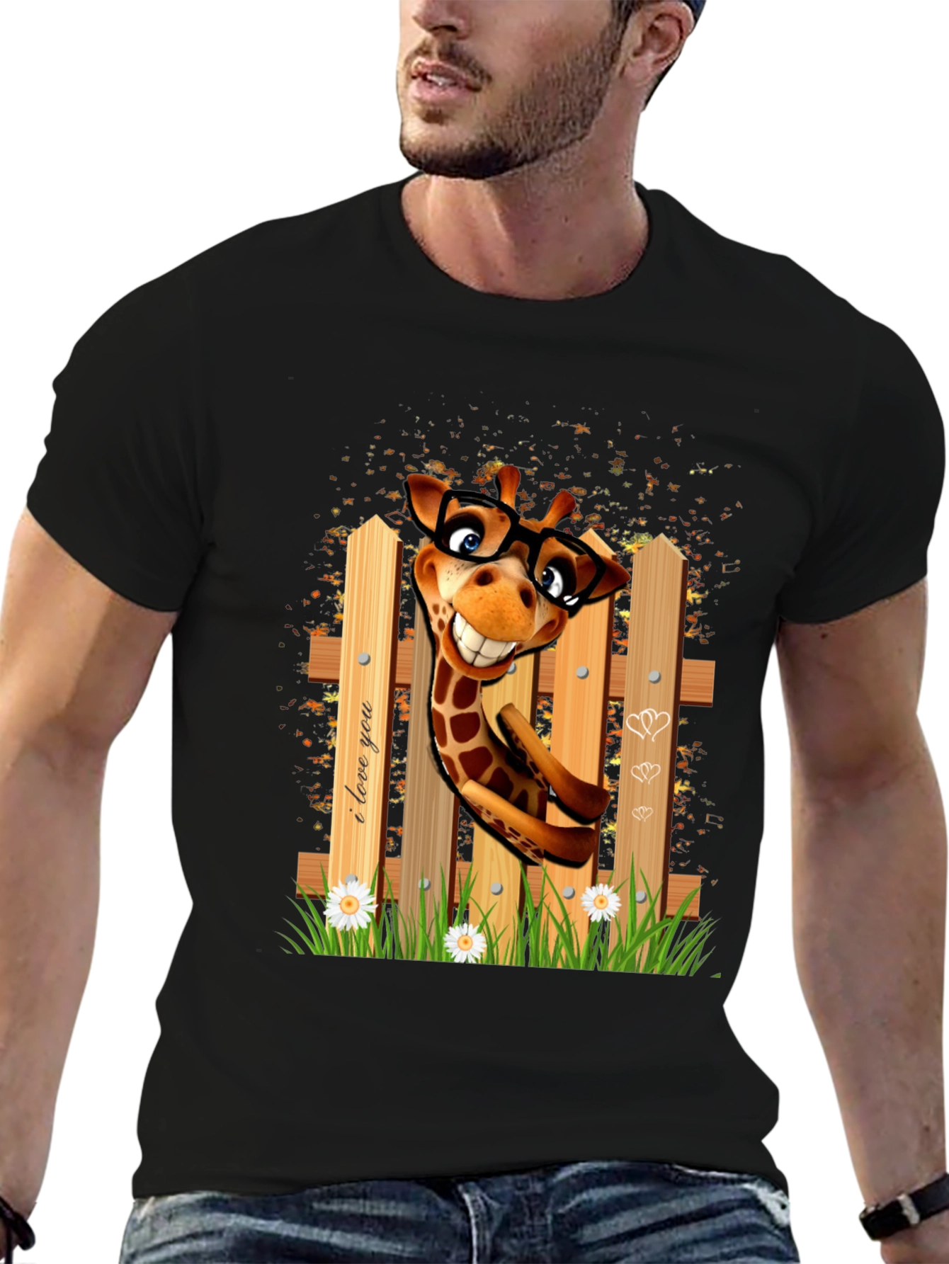 Black Funny Giraffe in Glasses T-Shirt view 6