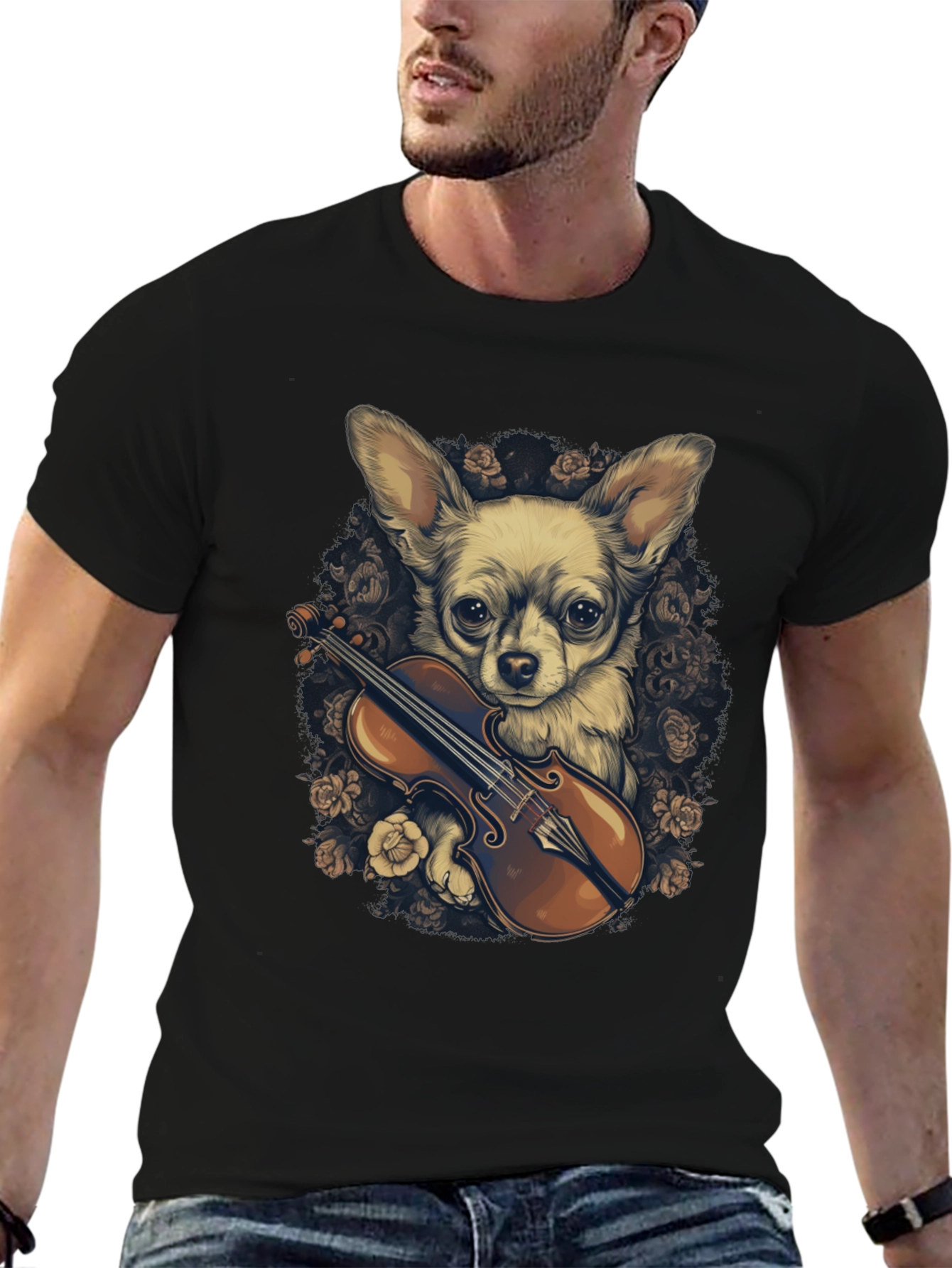 Black Chihuahua Violin T-Shirt view 6
