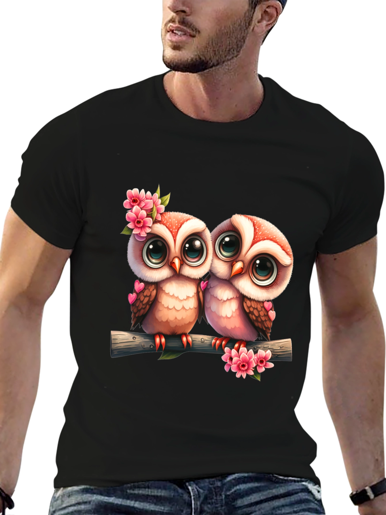 Black Owl Love Tee: Cute Cartoon Owls on Branch T-Shirt view 6