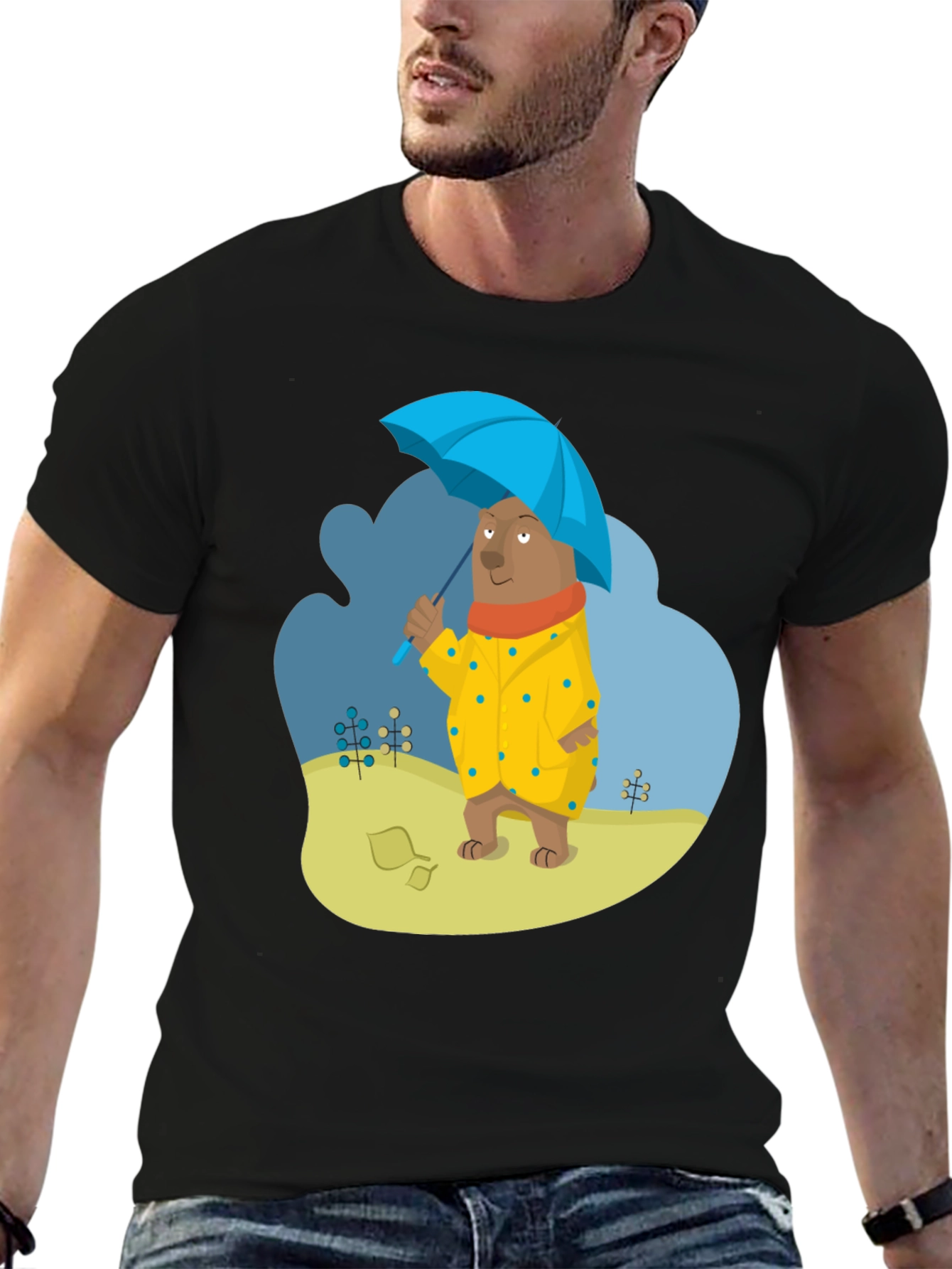 Black Bear in Raincoat Graphic T-Shirt - Unisex Casual Tee view 6