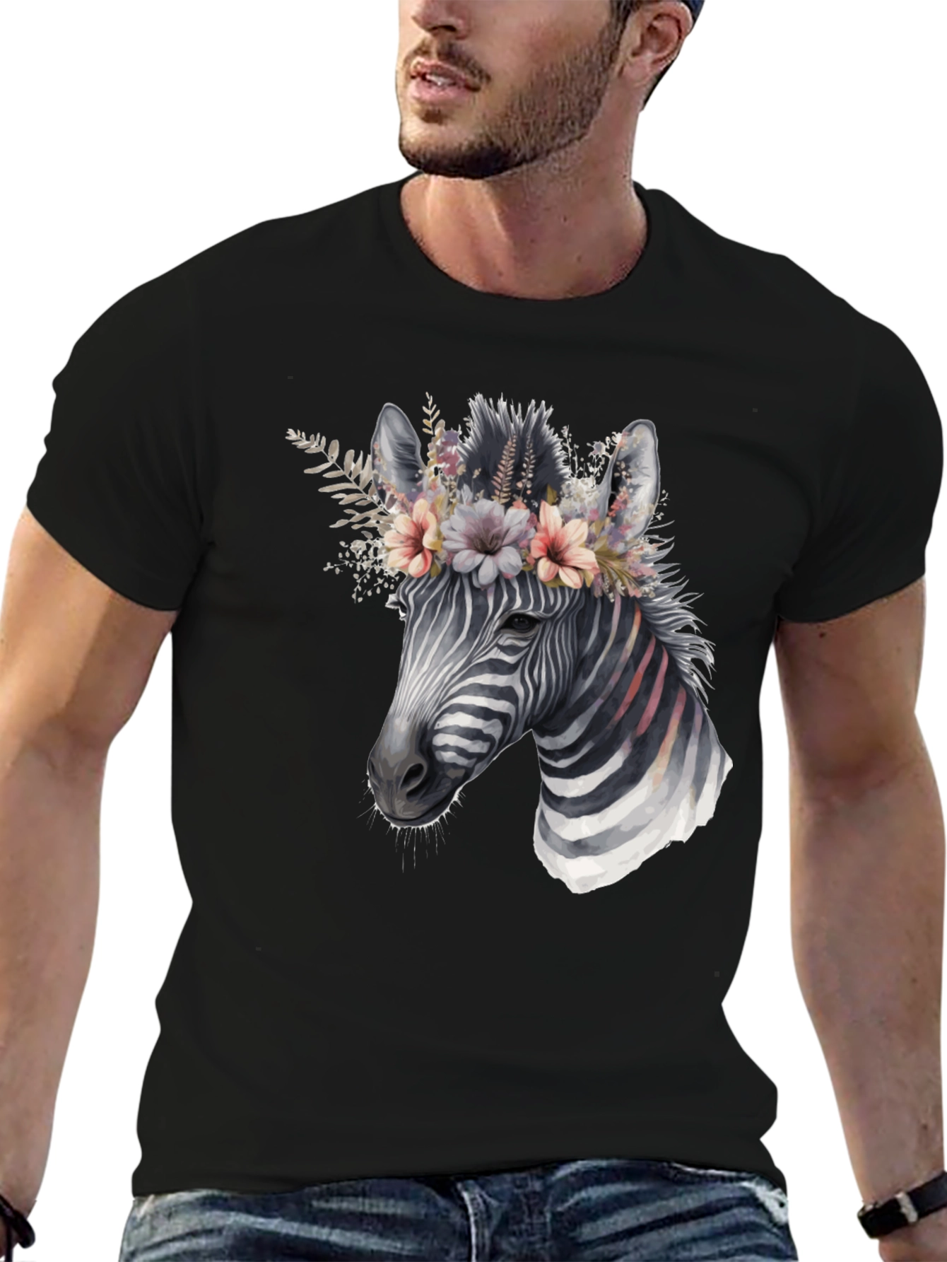 Black Zebra Floral Crown Graphic Tee - Unisex Cotton T-Shirt view 6