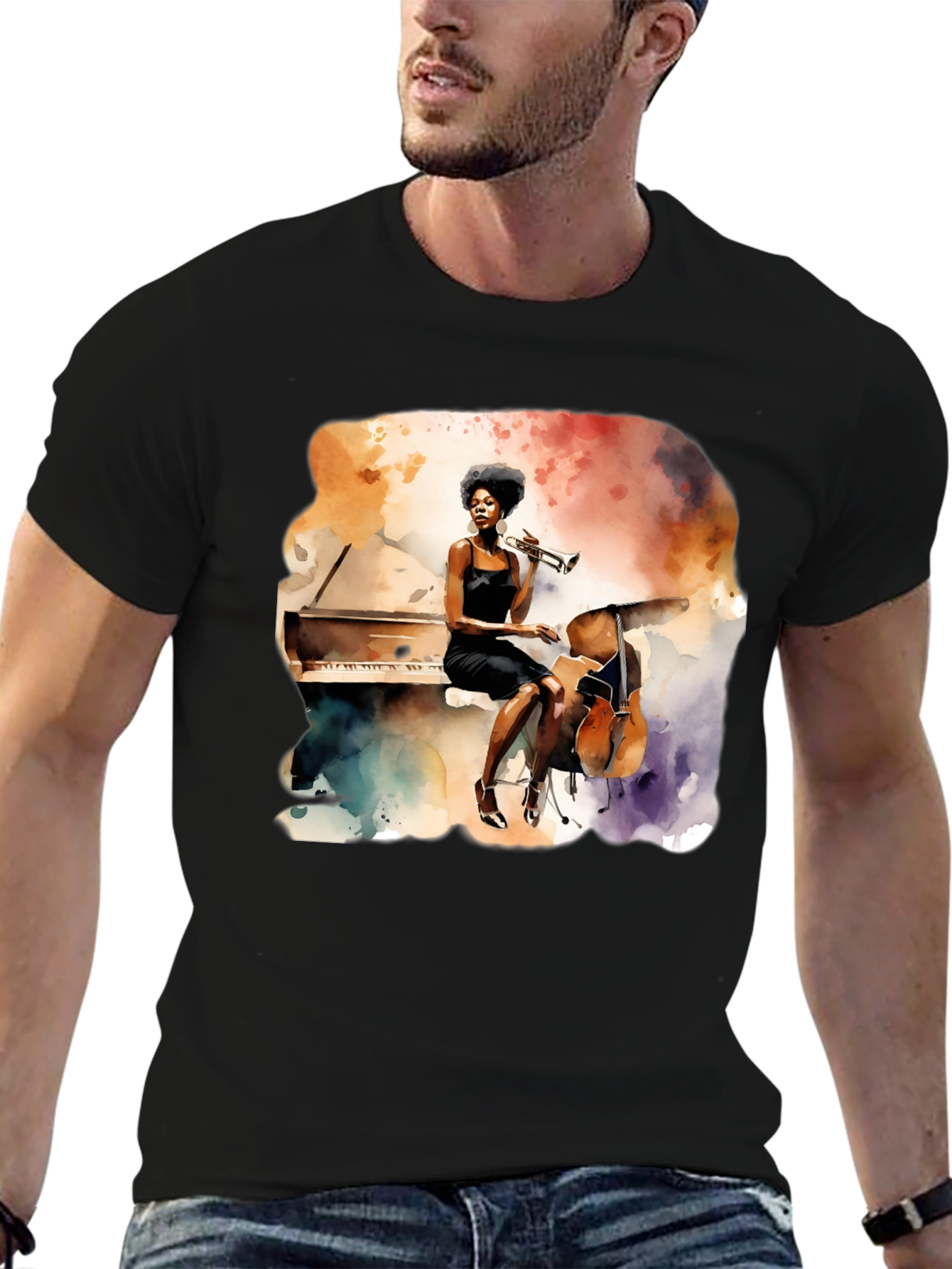 Black Watercolor Jazz Musician Unisex Tee view 6