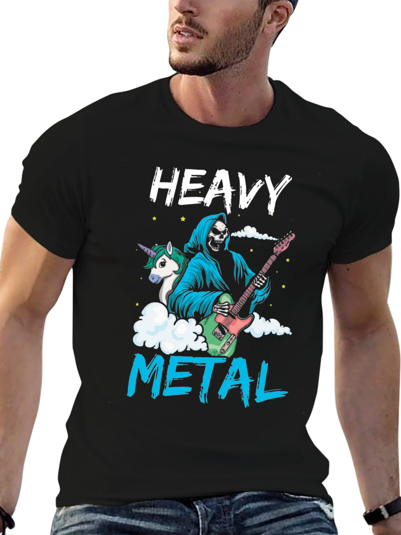 Black Heavy Metal Graphic Tee - Grim Reaper Unicorn Guitarist view 6
