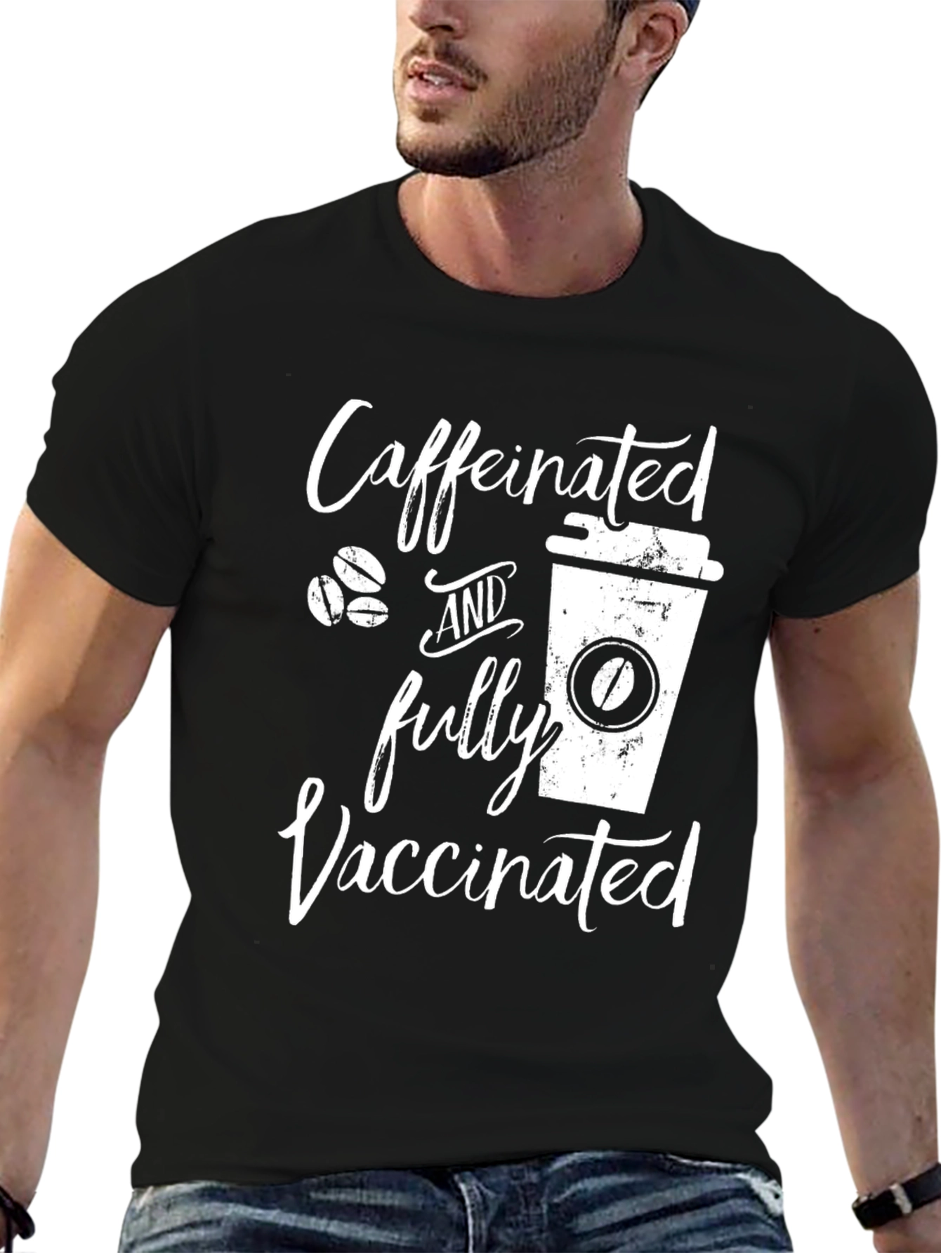 Black Caffeinated and Fully Vaccinated Black T-Shirt view 6