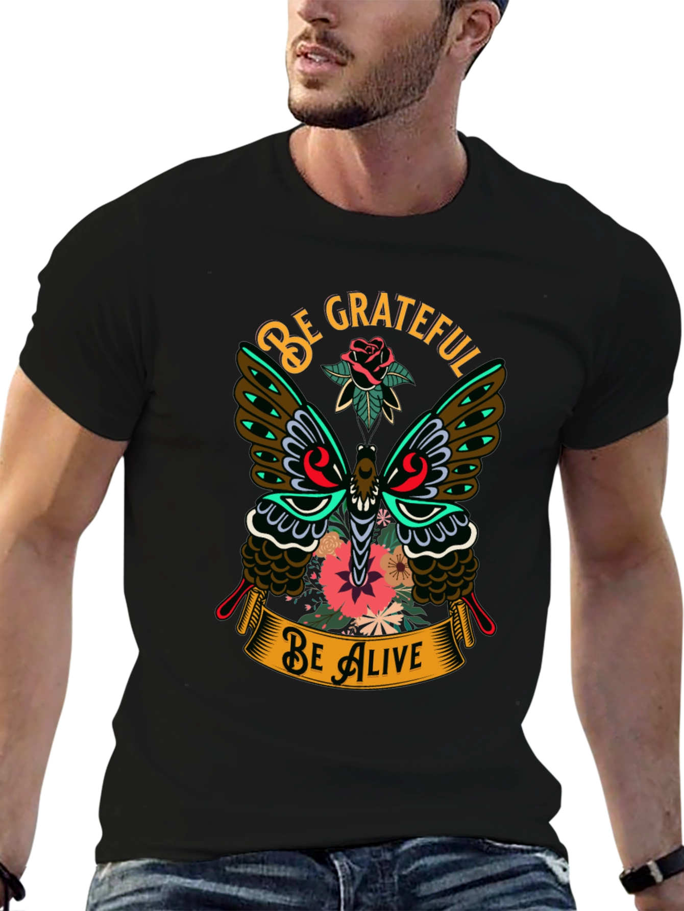 Black Be Grateful Be Alive Butterfly Graphic T-Shirt view 6