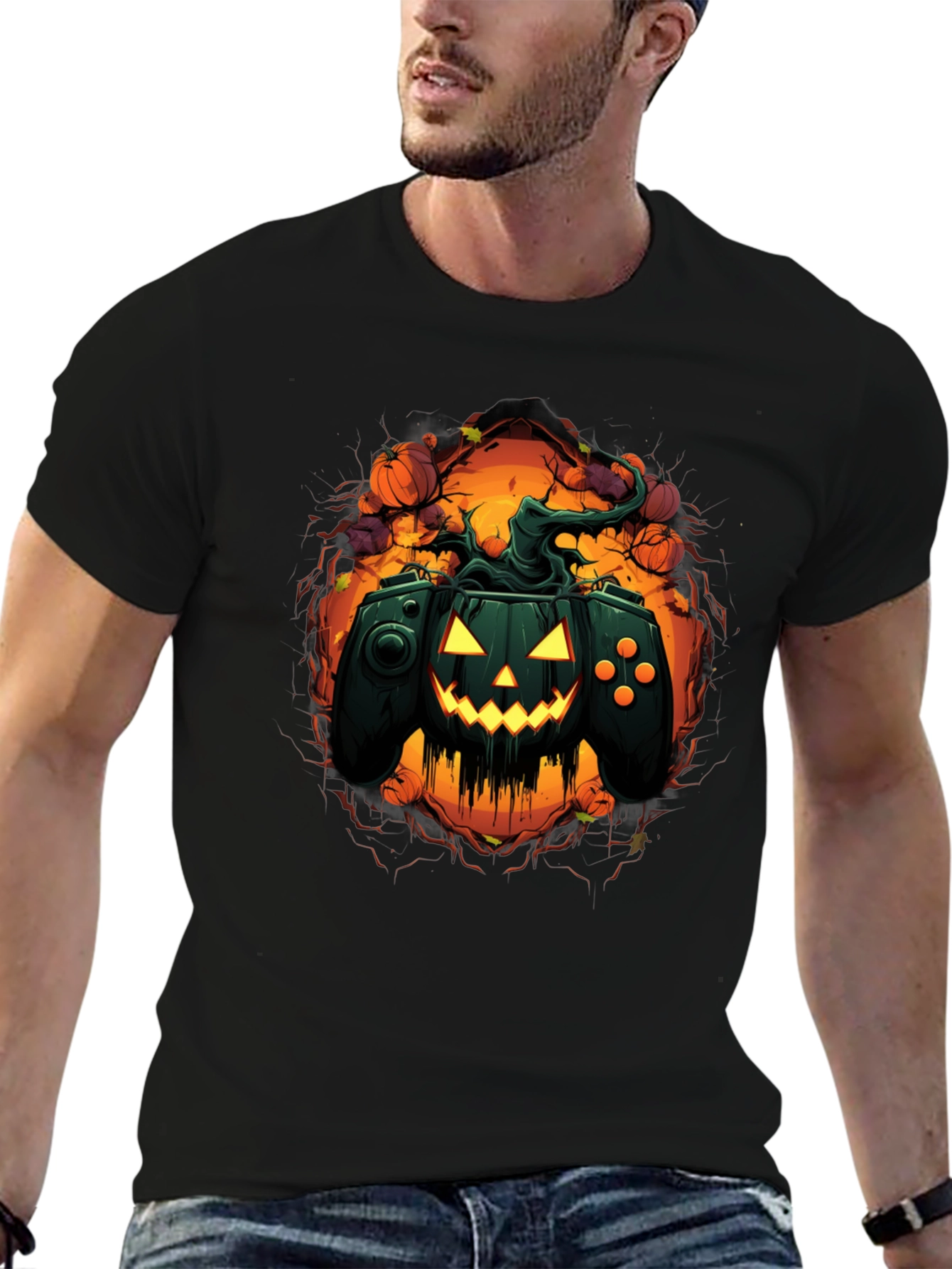 Black Halloween Gamer Pumpkin Black T-Shirt view 6