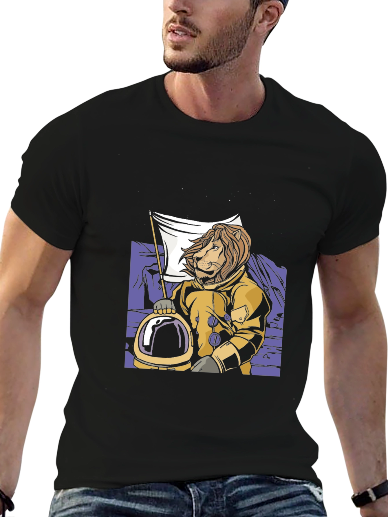 Black Lion Astronaut Graphic Tee - Black Crew Neck T-Shirt view 6
