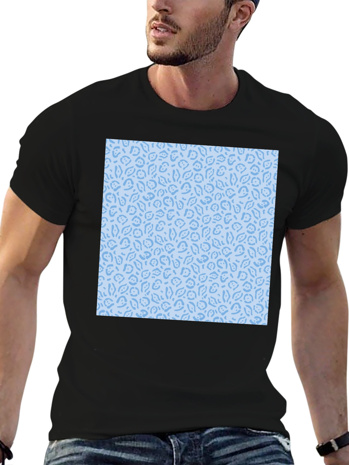 Black Stylish Black T-Shirt with Light Blue Pattern Design view 6