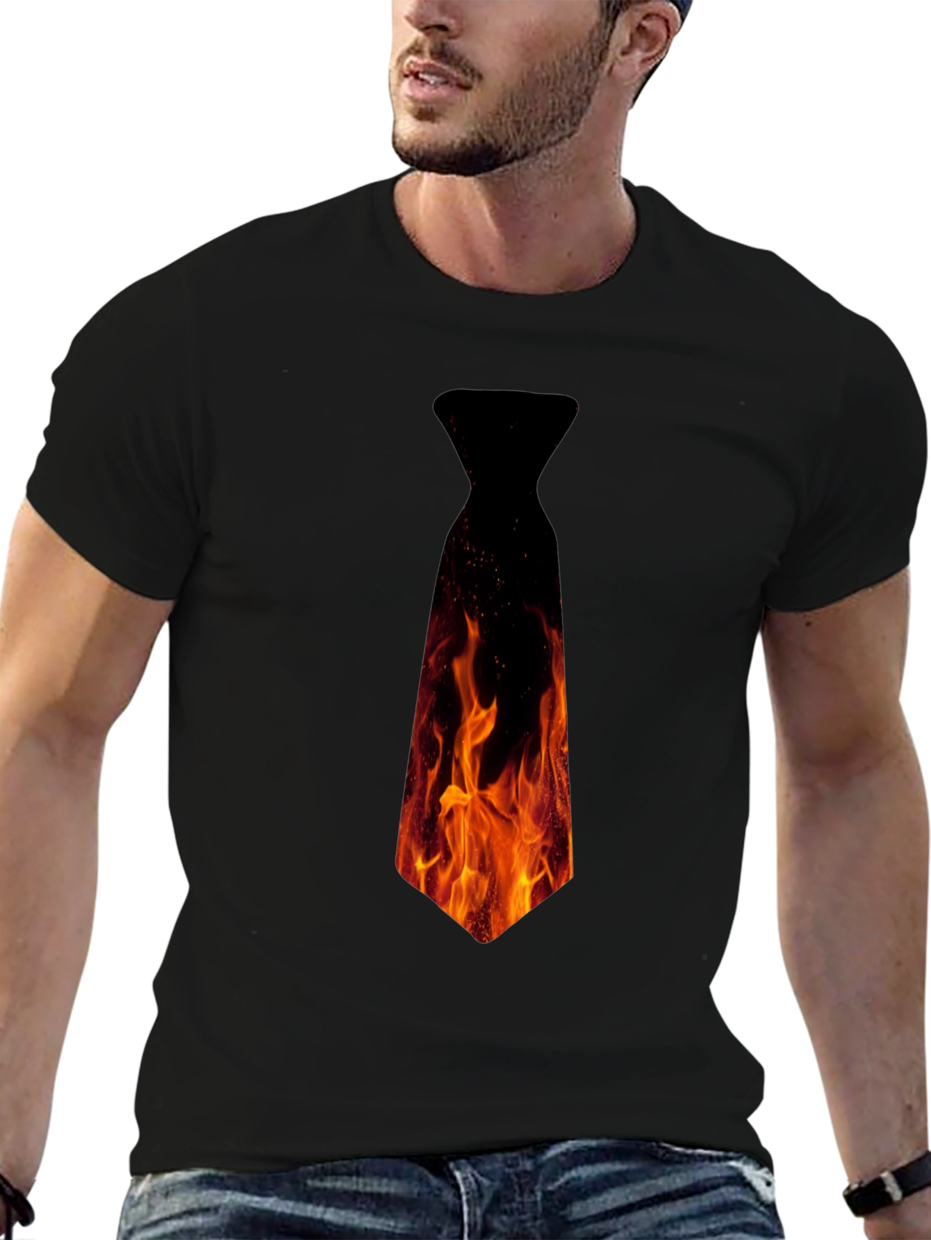 Black Fiery Necktie Graphic Tee - Black Cotton T-Shirt view 6