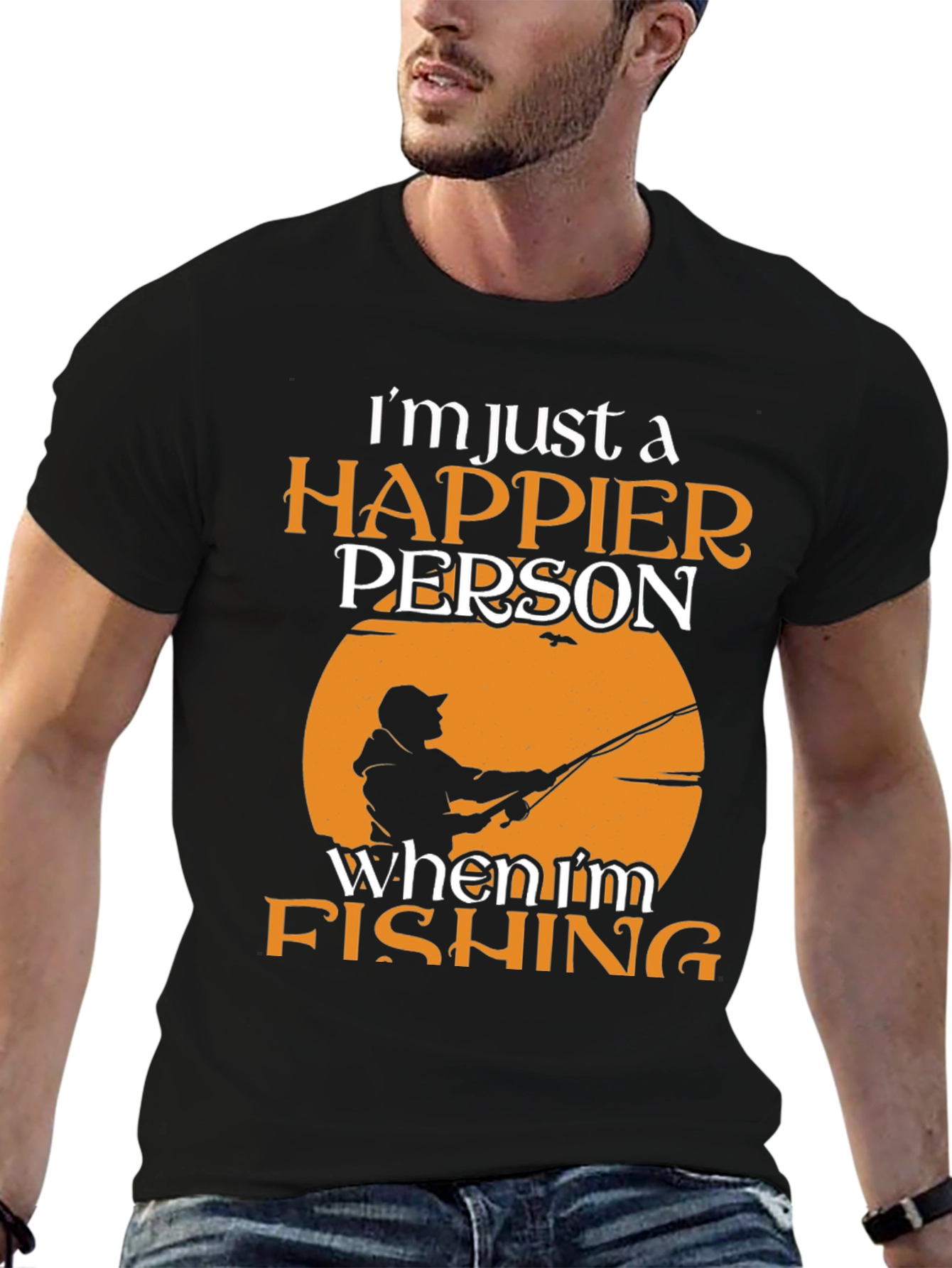 Black Happier Person Fishing Graphic Tee - Soft Cotton Blend view 6