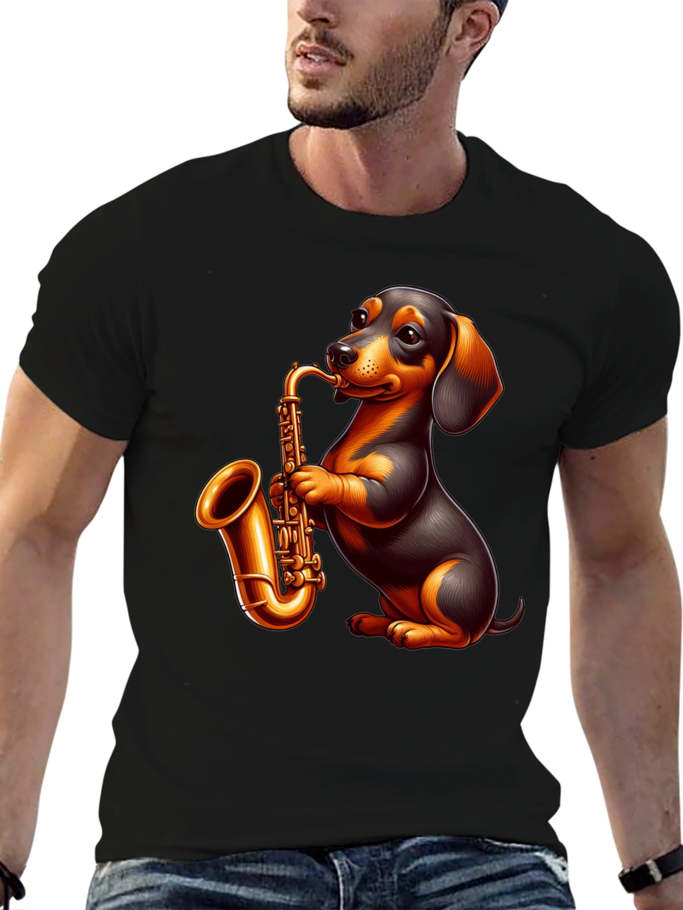 Black Dachshund Saxophone Graphic T-Shirt view 6