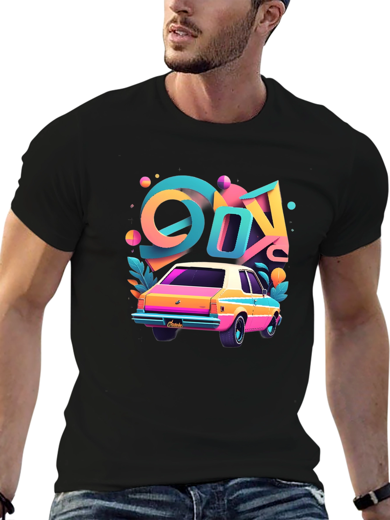 Black Retro 80s Car T-Shirt - Colorful Design view 6